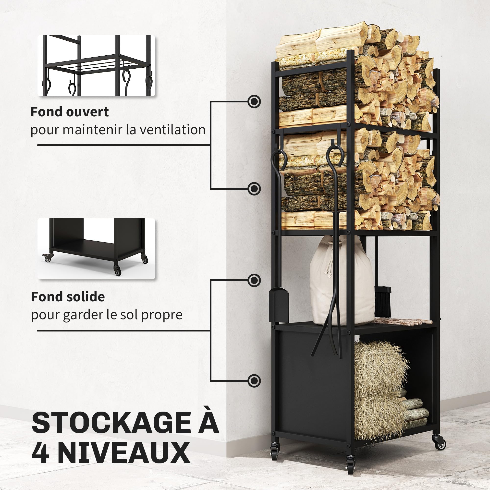 Outsunny Chariot range bûches intérieur, roulettes, métal 45x30x118cm Noir
