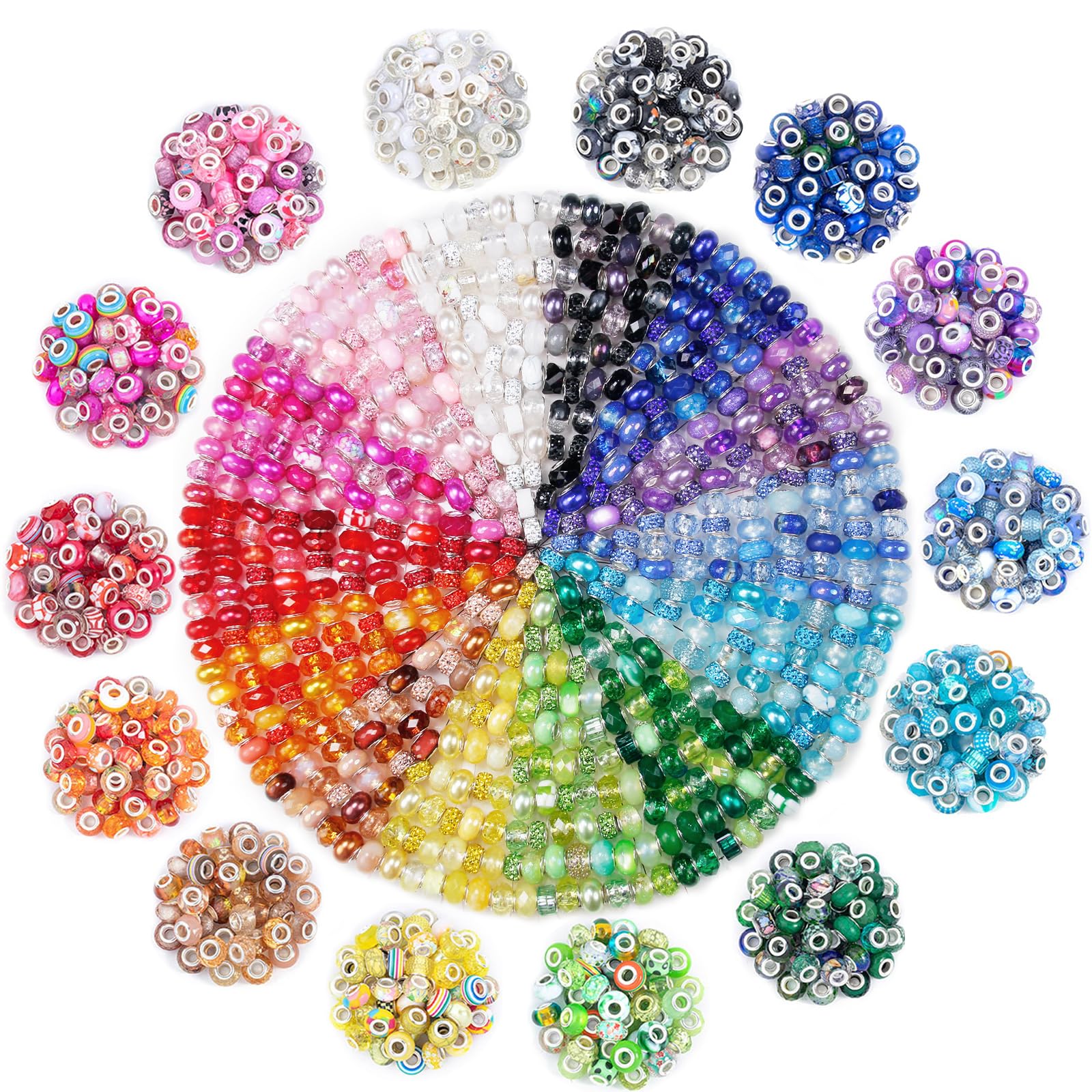 500 perline europee con foro grande, perline distanziatrici assortite, colorate, europee, con strass, perline lavorate a lume con foro grande, distanziatori per fai da te, bracciali, collane, gioielli