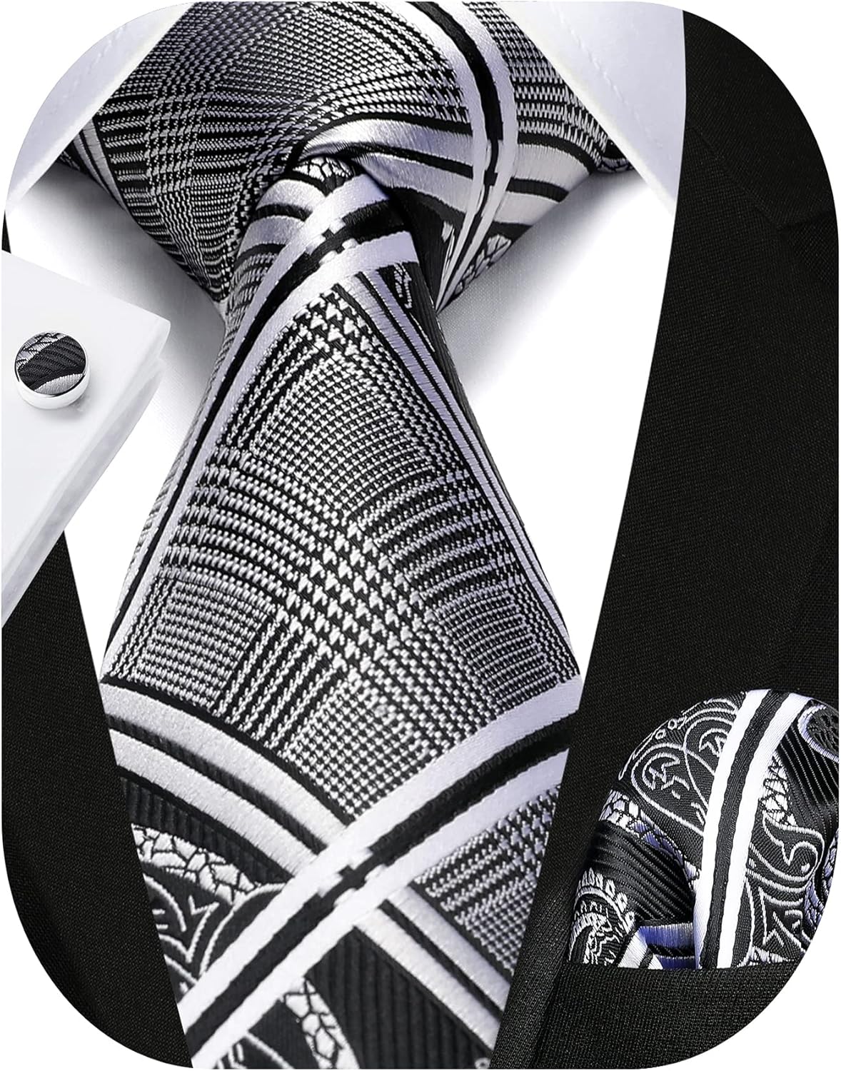 HISDERN Mens Ties Set Stripe Plaid Ties for Men and Pocket Square Cufflinks Formal Silk Necktie Wedding Business - Image 8