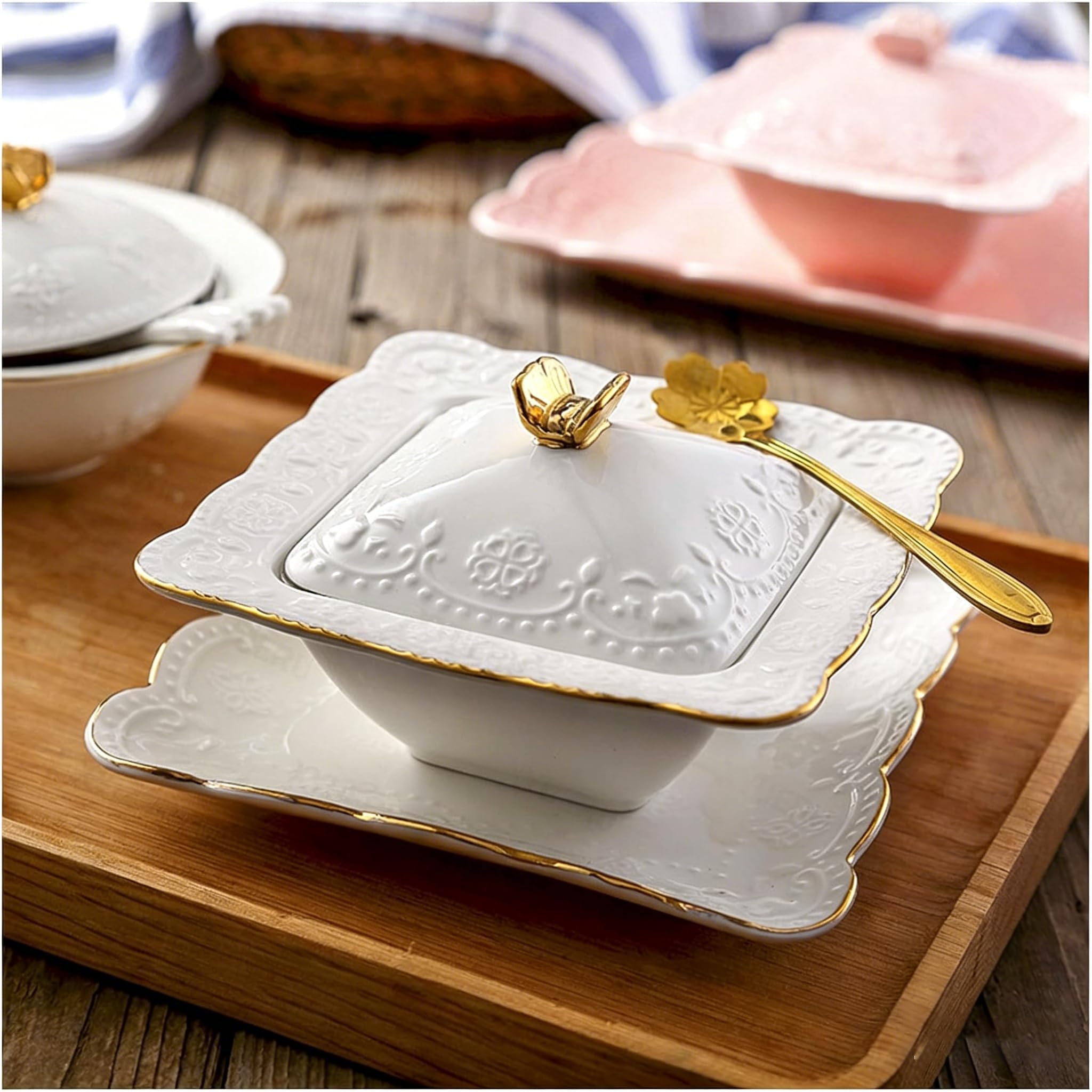 Keramik Suppenterrine mit Deckel, Hitzebeständige Servierschale für Suppe, Ideal für Partys zu Hause, Elegantes Design mit Goldenem Rand