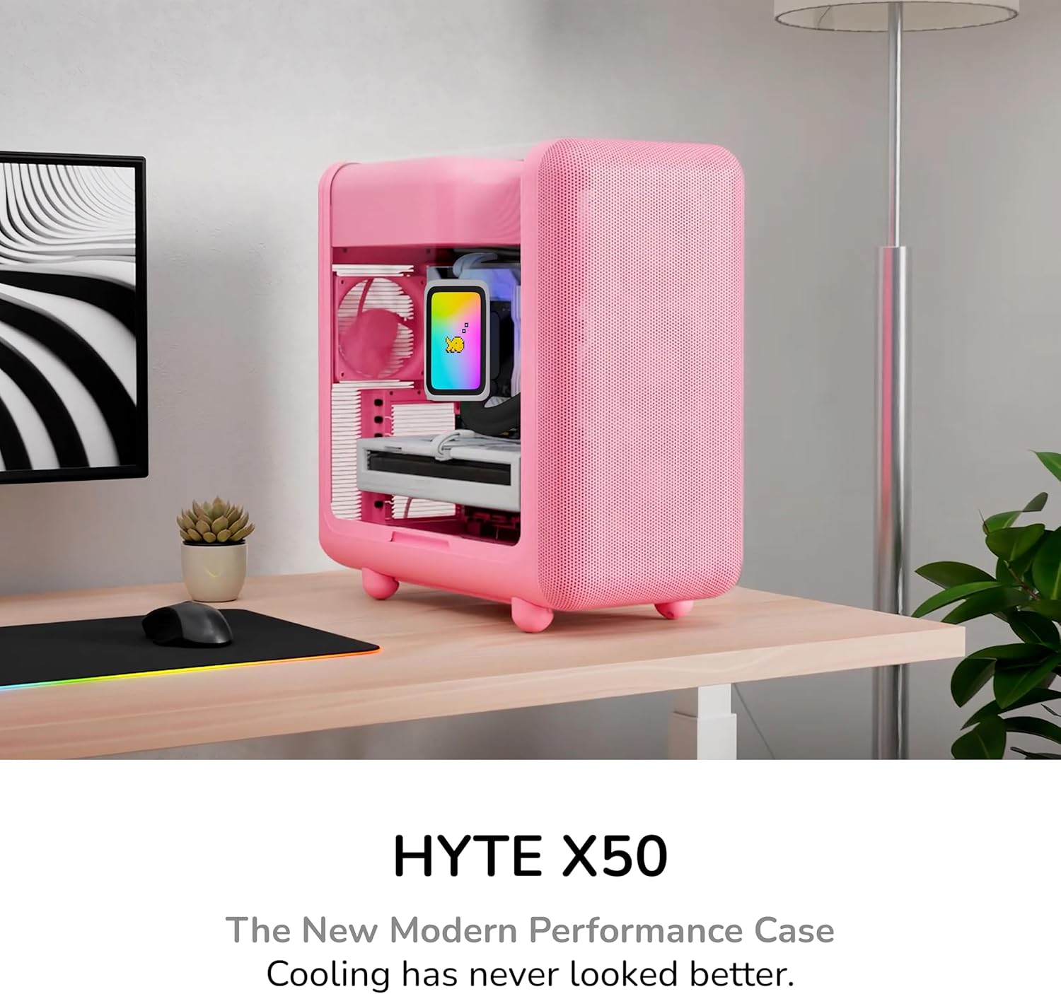 HYTE X50 - Modern Performance ATX Mid-Tower Gaming PC Case - Optimized High Airflow Chassis - Thick, Curved, Laminated Acoustic Glass - Micro Mesh Panel w Sturdy Stamped Steel - Strawberry Milk (Pink)