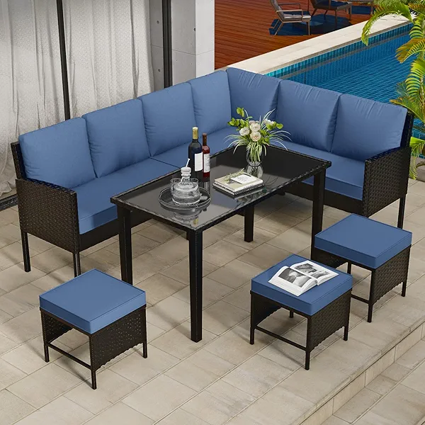 HLNPTN 7-Piece Patio Furniture Set, Outdoor Couch with Dining Table & Ottomans, PE Rattan Sofa Set with Cushions for Deck, Yard, Poolside (Blue)