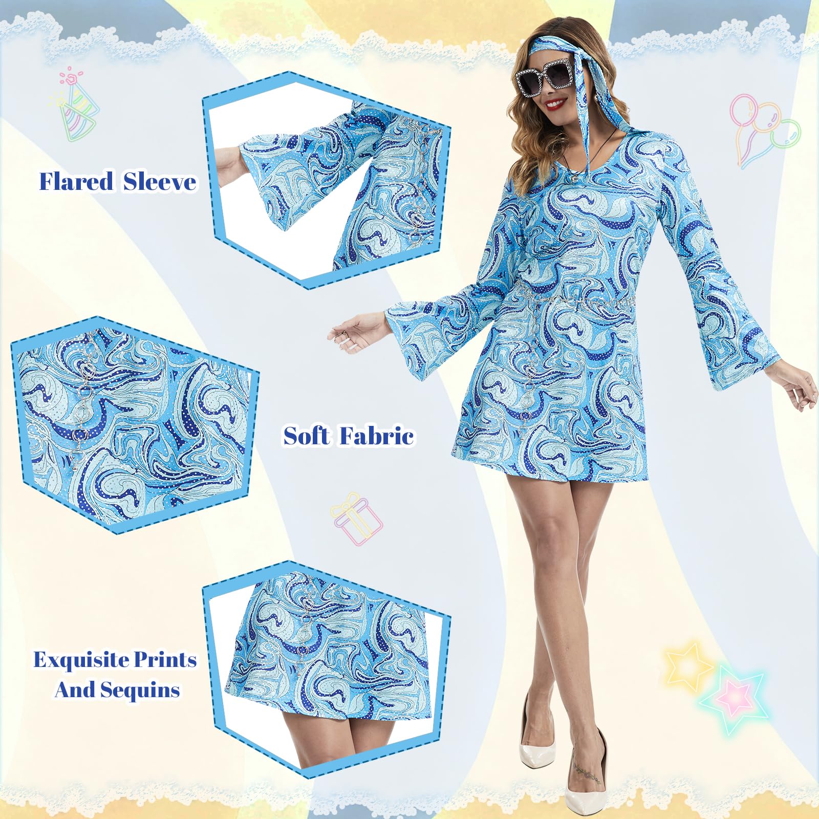 PORJDN 60s 70s Hippie Costume for Women, 7 Piece Disco Party Outfit with Flared Dress, Peace Sign Necklace, Earrings - Image 2
