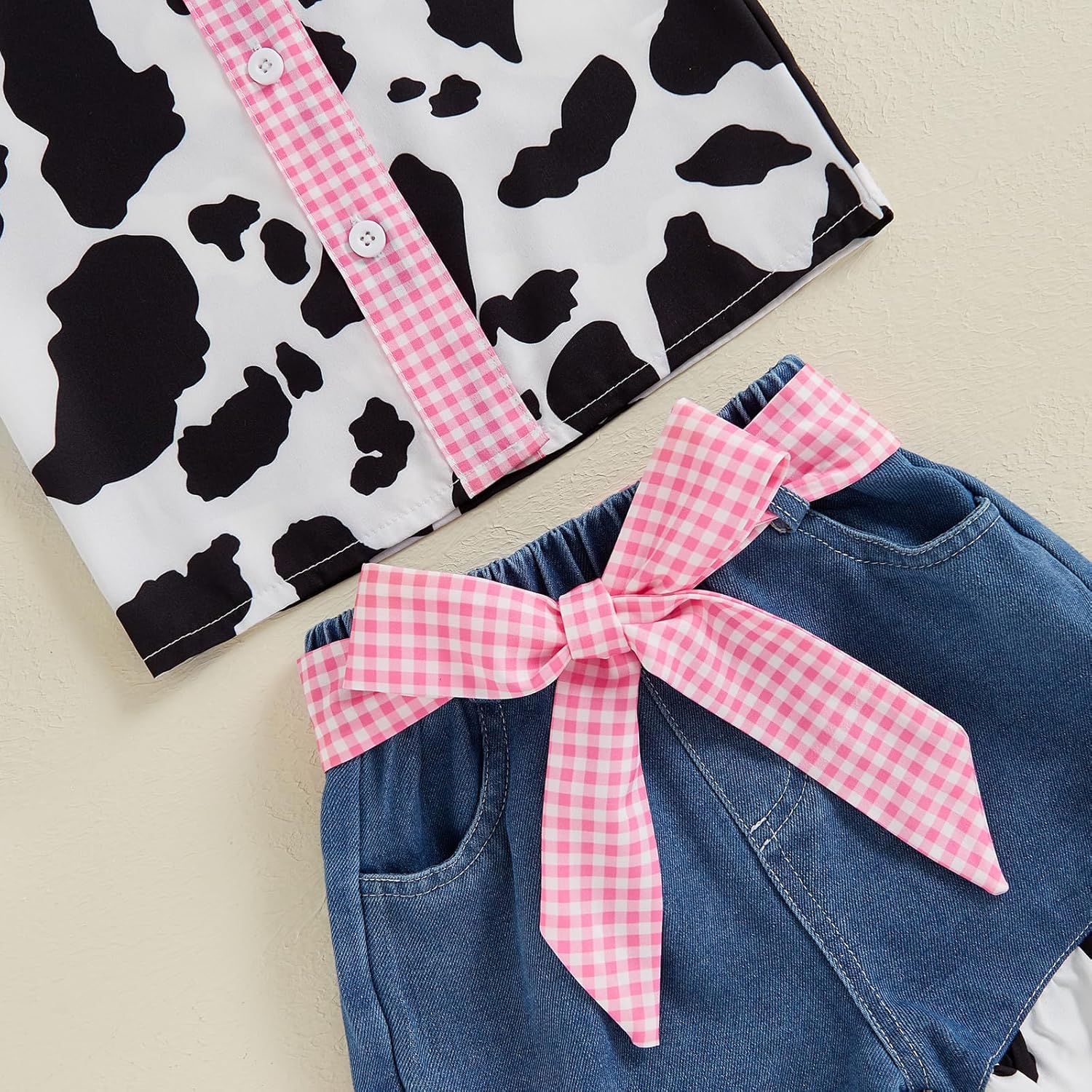 Toddler Girl Denim Western Outfit Baby Cowgirl Clothes Ruffle Cow Print Shirt Button Down Tops Belted Jeans Shorts - Image 5