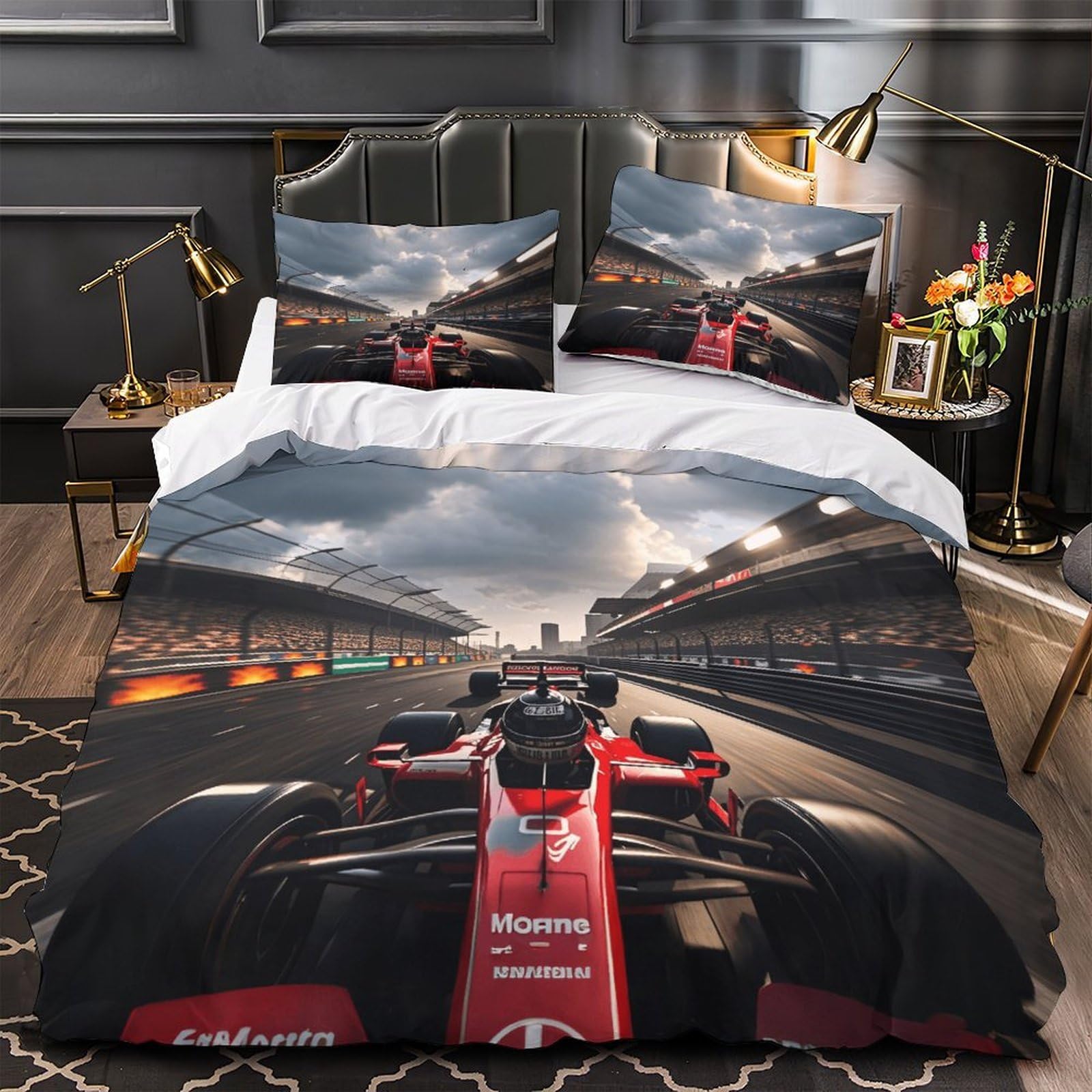 DAFUfbw Washable Formulaa Racing Bedding Set With Hidden Zipper, Double（200x200cm） Formulaa Racing Duvet Cover with Pillowcases, Soft Microfiber Racing Car Quilt Cover