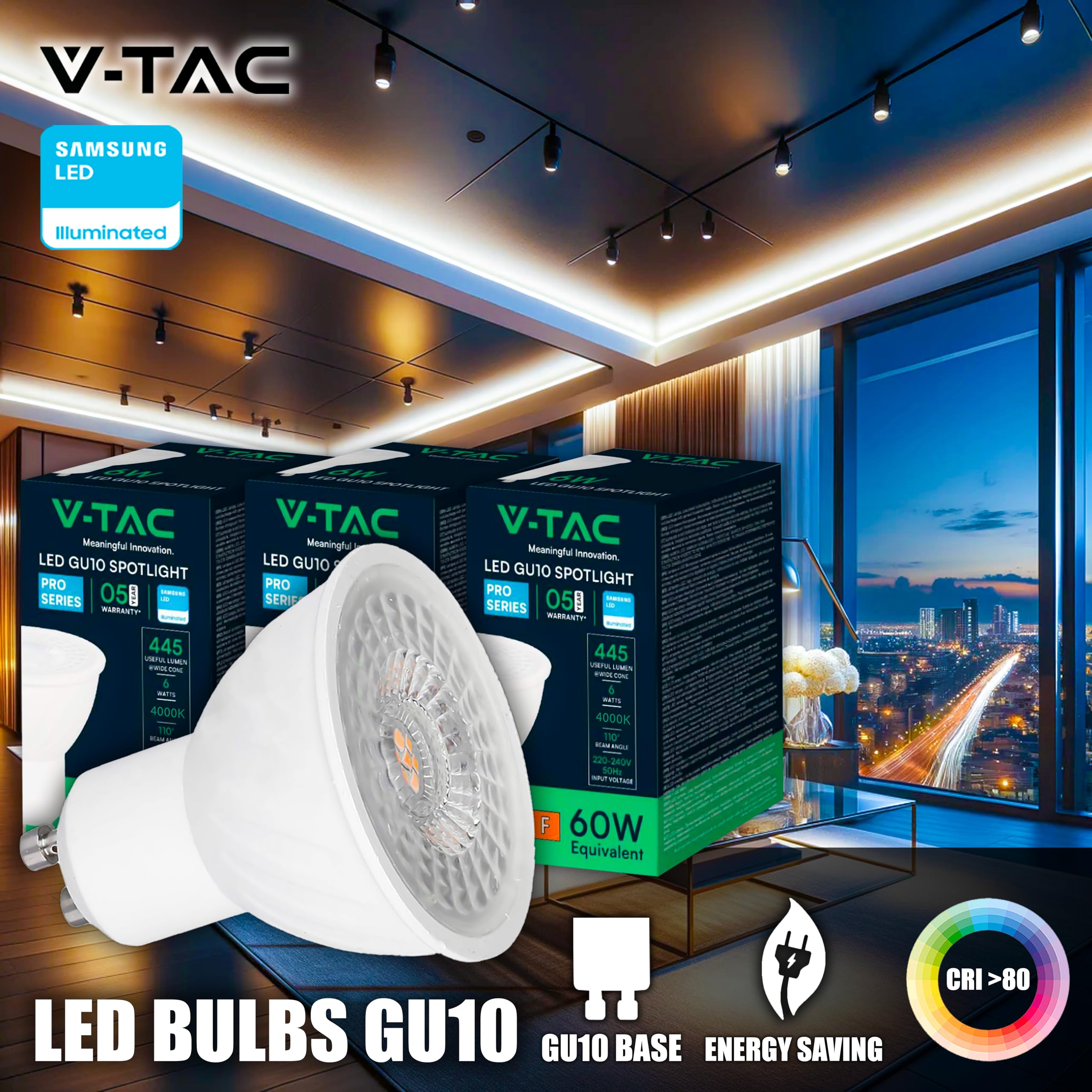 V-TAC 10x Lampadine LED GU10 6W (Equivalenti a 60W) - Chip SAMSUNG - 445 Lumen - Alta Luminosità - Faretto Led GU10 per Massima Efficienza e Risparmio Energetico - Lampadina Luce Naturale 4000K