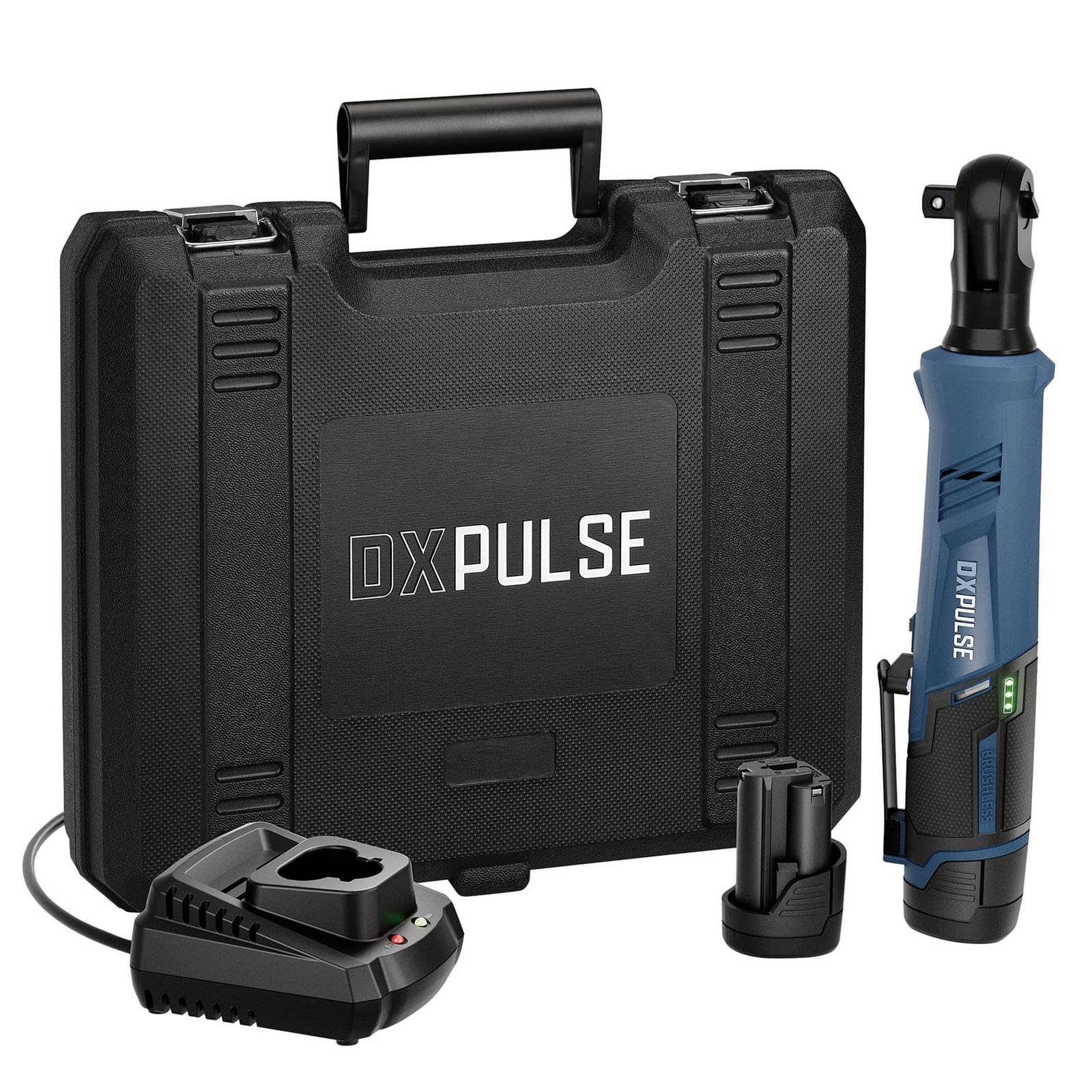 DXPULSE 12V Brushless Ratchet Wrench Kit, 1/2" Square Drive, 2 x 2.0Ah Batteries, Charger, Variable Speed, LED Light, 3/8" Adaptor, Compact Cordless Ratchet, Case