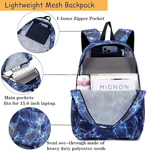 Miniatura 6 de Mochila de malla para niños y niñas, mochila escolar semitransparente para niños y niñas, transparente, gran capacidad, azul rayo