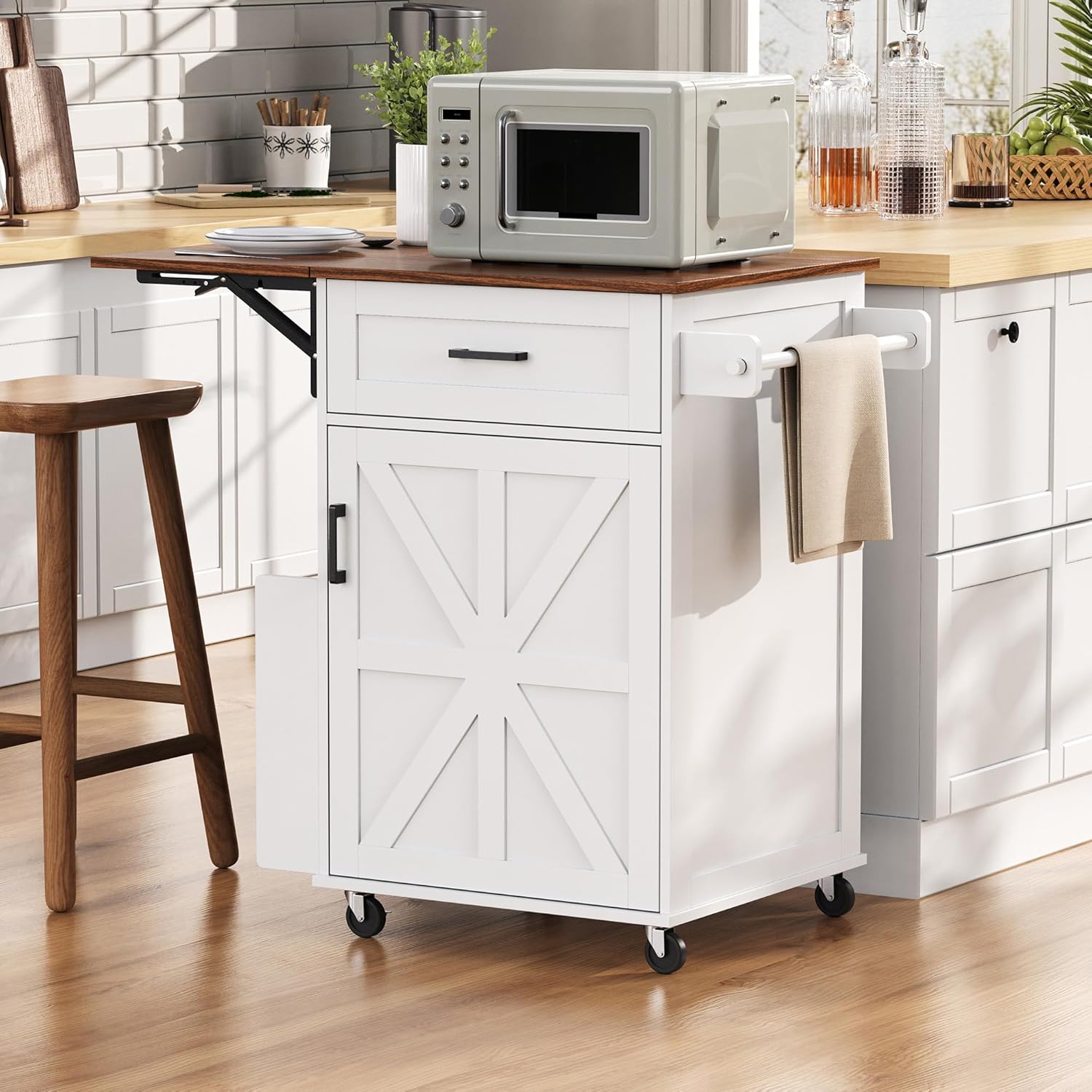 39.3" Kitchen Island with Side Drop Leaf, Space-Saving Rolling Kitchen Cart with Lockable Wheels, Storage Island with Open Side Rack, One Drawer & Towel Rack, for Kitchen, White