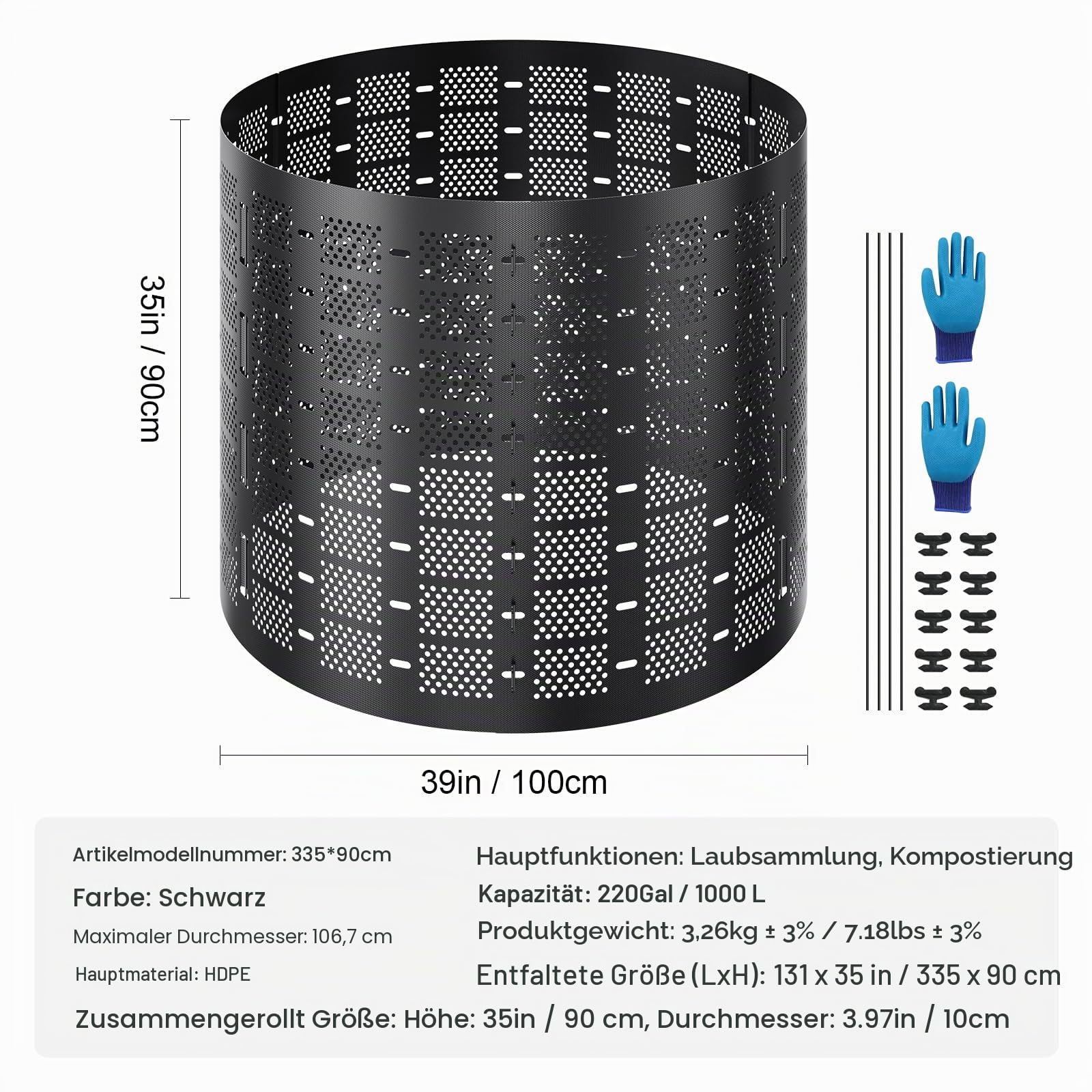 VEVOR Schnellkomposter 1000L Gartenkomposter 90x100cm Thermokomposter HDPE-Kunststoff Kompostierer korrosionsbeständig hitzebeständig Kompostbehälter Kompostierung für Reduzierung des Hausmülls