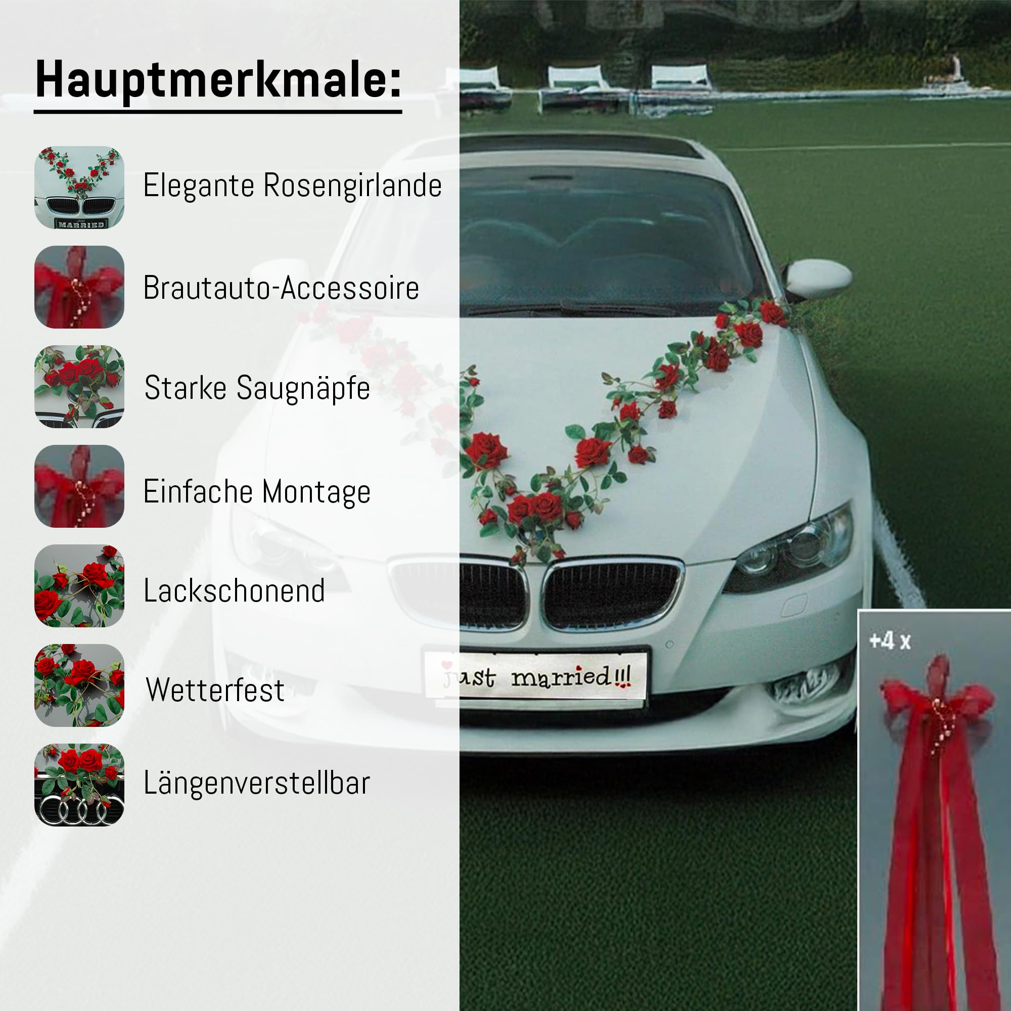 Autoschmuck Guirlande de roses pour voiture, Décoration de mariage