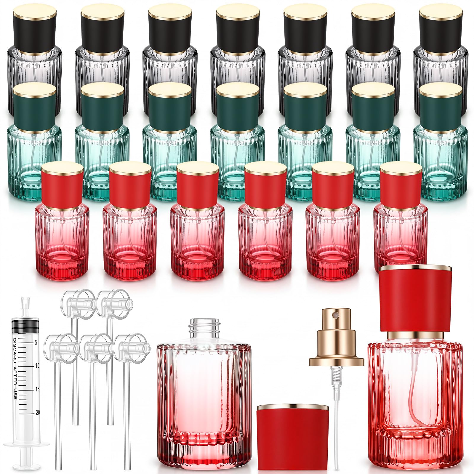 Suclain Confezione da 20 flaconi spray vuoti in vetro da 30 ml, ricaricabili, nebulizzatori a nebbia fine, contenitori da viaggio a coste sfumati, con 6 strumenti di ricarica, per colonia, fragranze