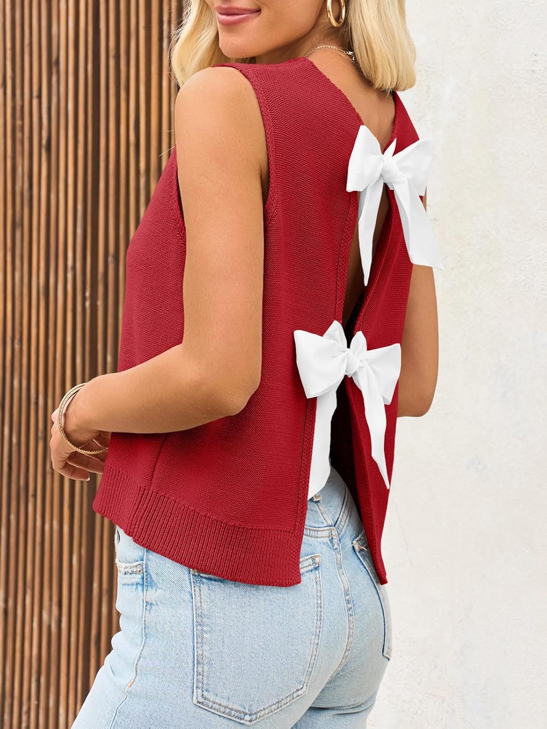 Imily Bela Womens Sweater Vest Top Summer Bow Tie Back Sleeveless Casual Knit Crop Tank Tops - Image 4