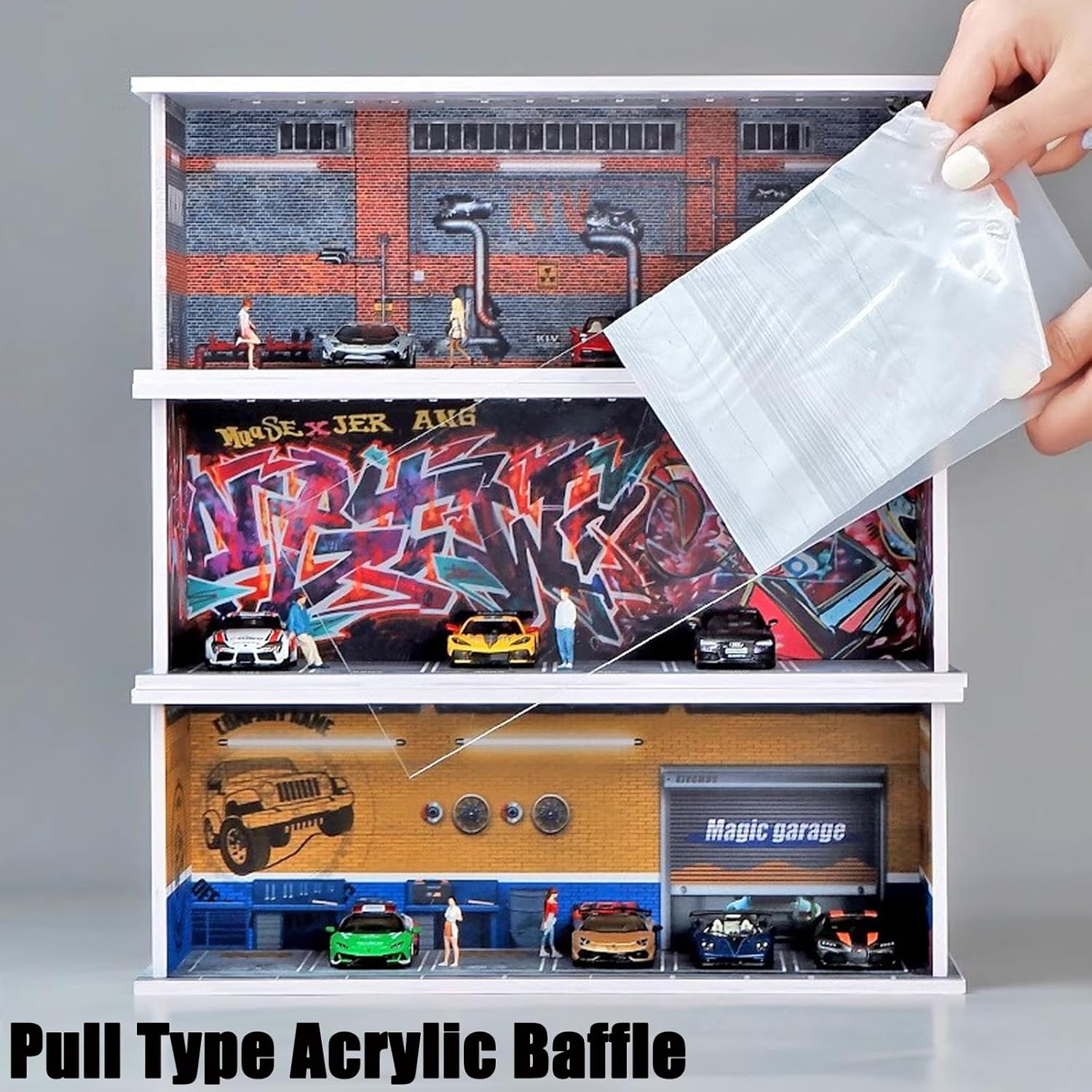 Display Case for Hot Wheel with LED Light Stackable Mega Garage Storage for 1:64 Matchbox & Diecast Cars 6-Slot Parking Diorama with Illuminated Showcase (Graffiti-Wall)