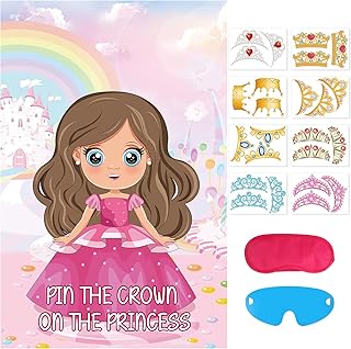 Hxezoc Pin The Crown on The Princess With 24 Pcs Crowns Large Princess Party Games Poster for Kids Birthday Party Carnival Party Supplies (8 Style Crowns)