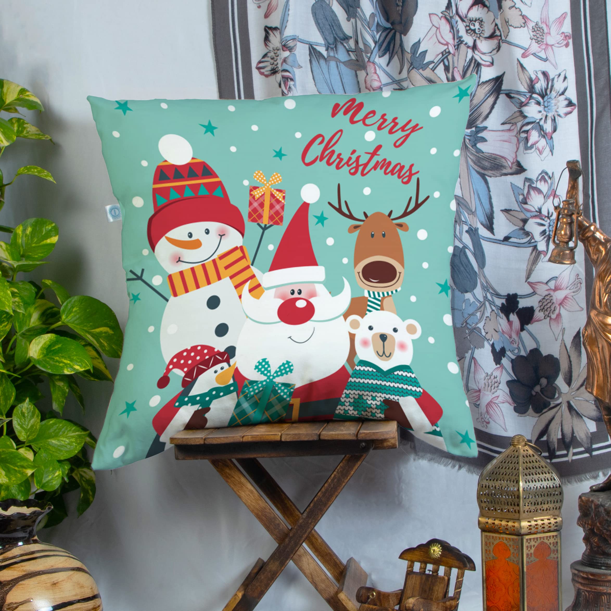 BRICK HOME Merry Christmas Printed Cotton Canvas Cushion Cover Pack of 1 (16x16 Inches)