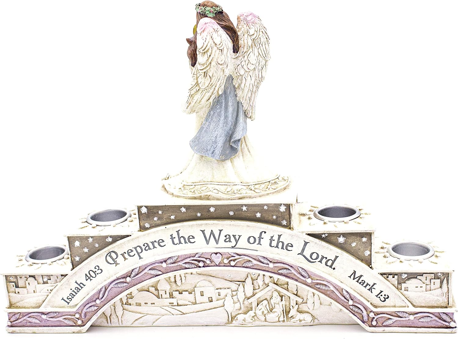 Guardian Angel with Baby Jesus Advent Candle Holder White & Silver Tiered Tabletop Figurine, Inspirational Base Inscription, Countdown to Christmas Centerpiece for 4 Candles