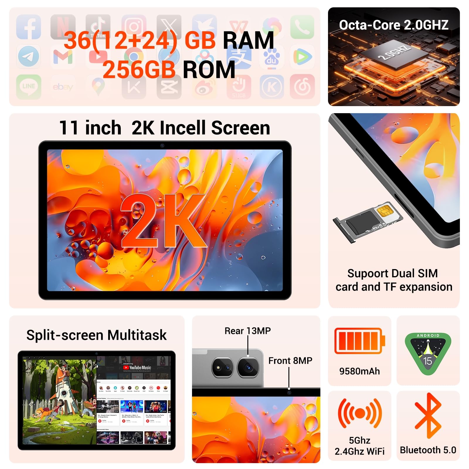 Tablet 11 Zoll Cellular, 2K FHD, 36GB RAM+256GB ROM/1TB TF, 4G LTE Dual SIM+5G WLAN, 2GHz Octa-Core Android 15 Tablets mit 9580mAh Akku, 13MP, GPS, GMS, mit Tastatur/Stift/Maus/Hülle