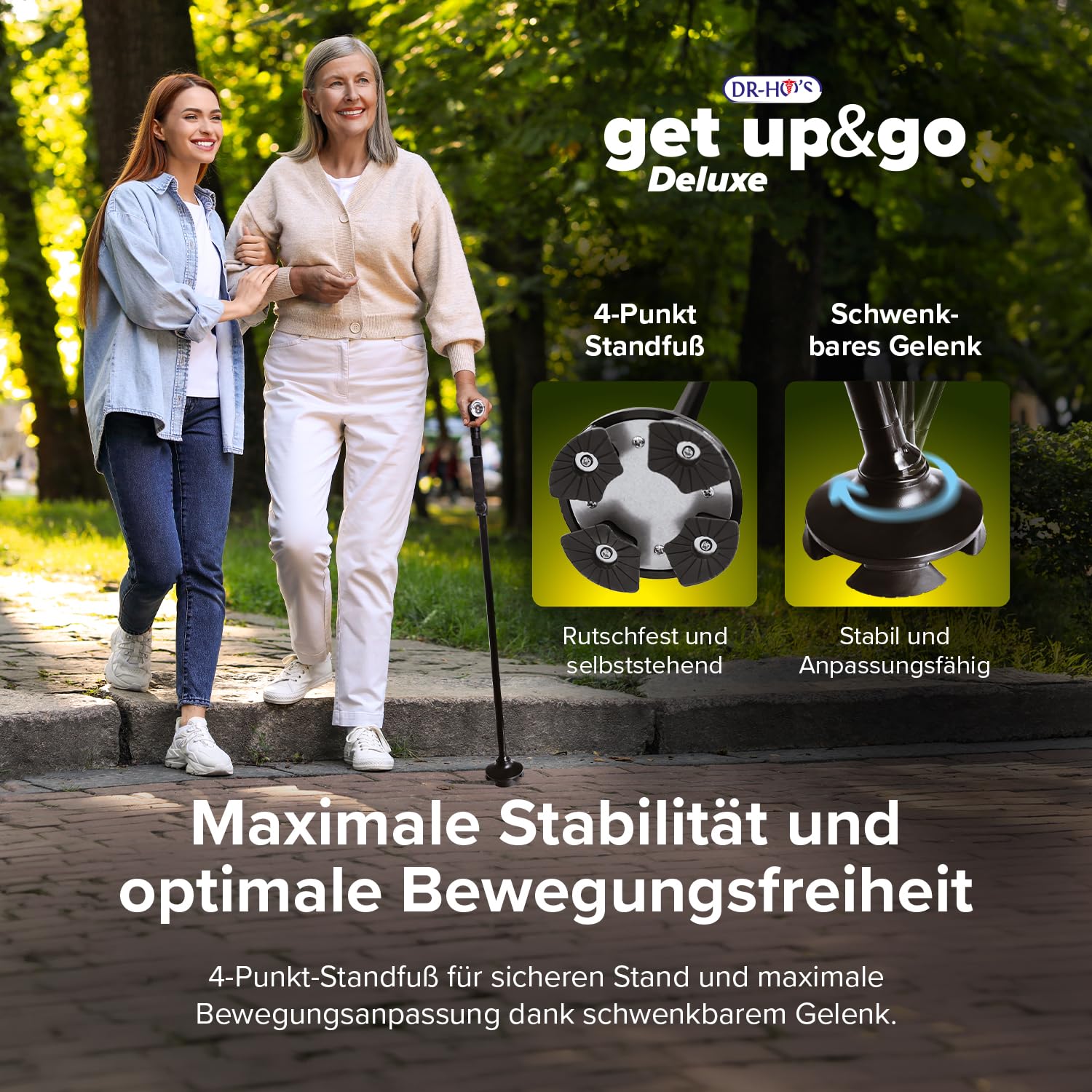 DR. HO’S Get Up & Go | Gehstock Damen & Herren mit LED-Licht & Alarmknopf | Gehstock klappbar & höhenverstellbar | Gehhilfe für Senioren & Erwachsene | Spazierstock 4-Punkt-Standfuß | Walking Stick