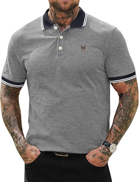 Herberton Men's Polo Shirts Trendy Stylish Polos Embroidery Summer Poloshirts Cotton Short Sleeve Side Slit Button Split Classic Soft Comfy Business Logo Work Shirt Grey XXL