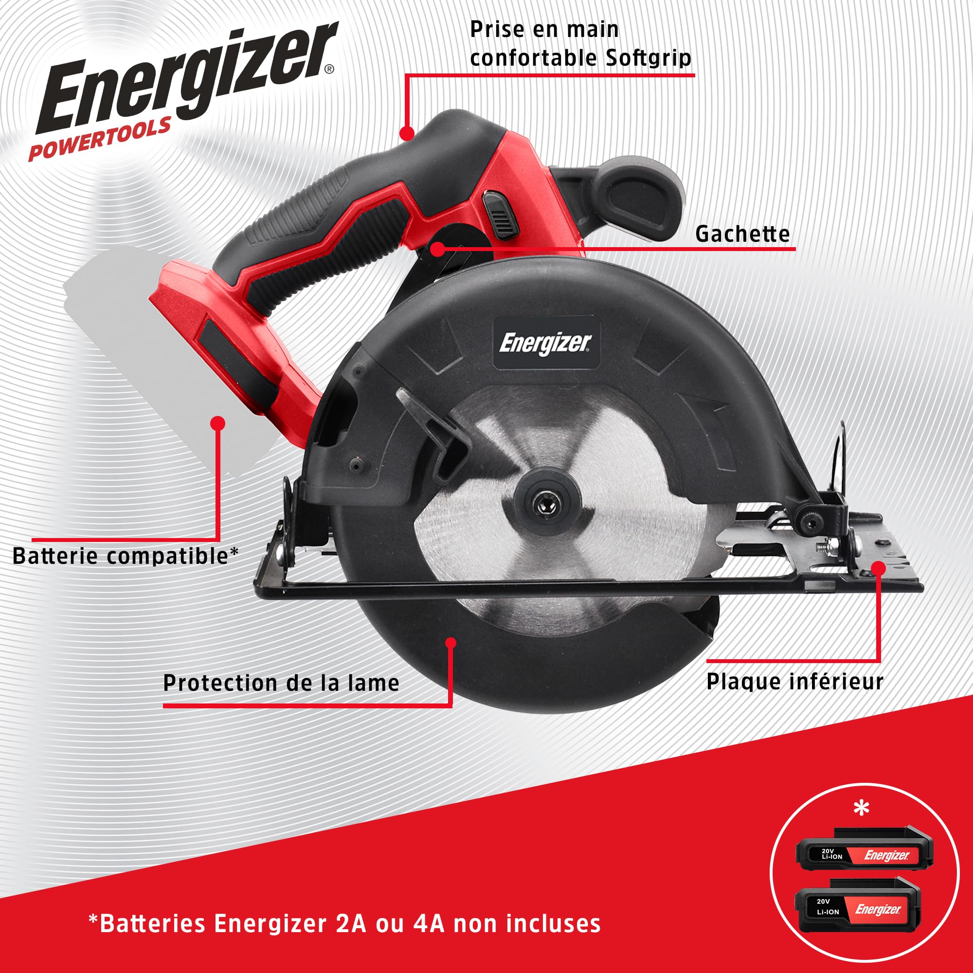 Energizer - Sierra circular a batería de 20 V (pilas incluidas) - 4000 rpm - Hoja de 165 mm/Corte hasta 45 mm (33 mm a 45°) - Guía de desplazamiento + llave de cambio + hoja para madera incluida