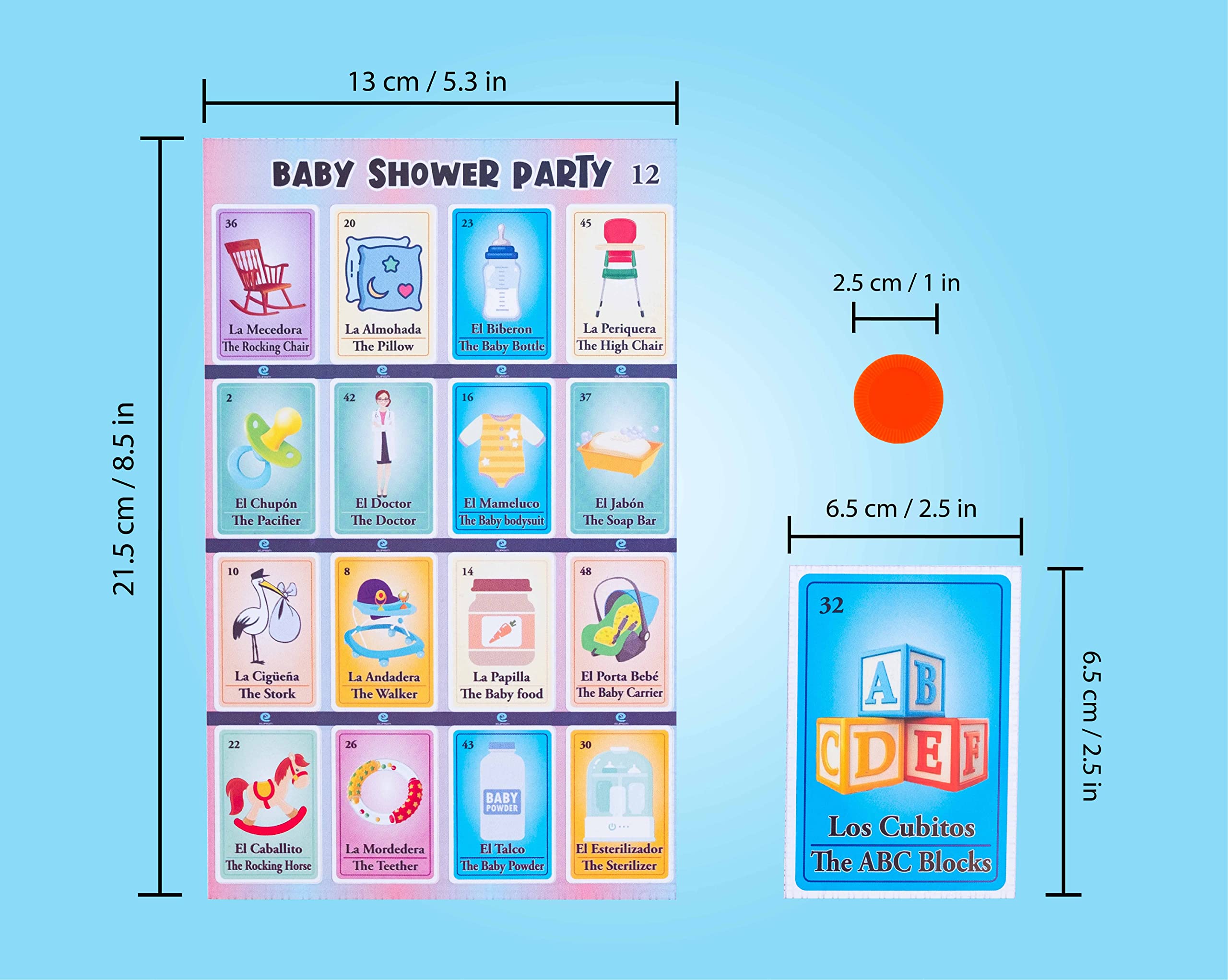 Baby Shower Bingo Kit - Bilingual English Spanish, for 20 Players - Includes 1 Deck of Cards and Boards - with 100 Bingo Chips - Juegos para Baby Shower en Español - Great for Learning Spanish.