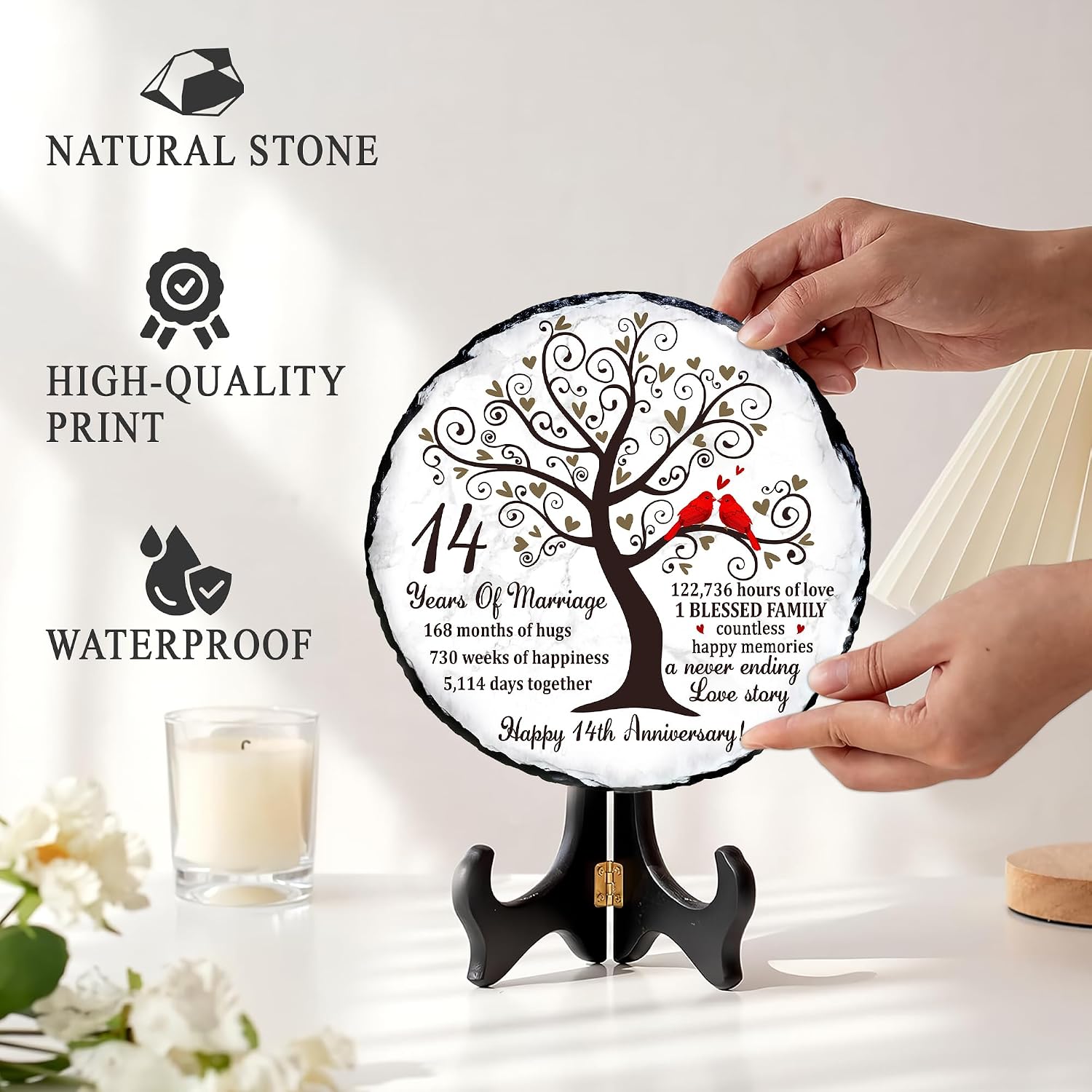 14th Anniversary Wedding Gift for Her Him – Natural Slate Stone Plaque, 14 Year Anniversary Idea Gifts for Wife Husband, Ivory 14 th Wedding Keepsake Gifts image 3