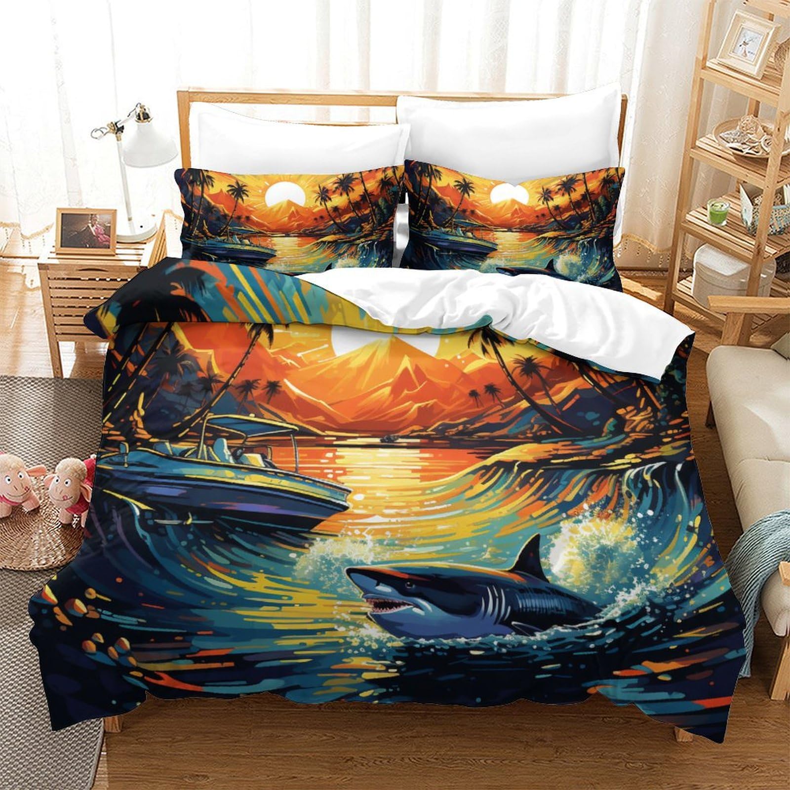 Housse de couette requin impression 3D parure de lit microfibre zippée 260x220