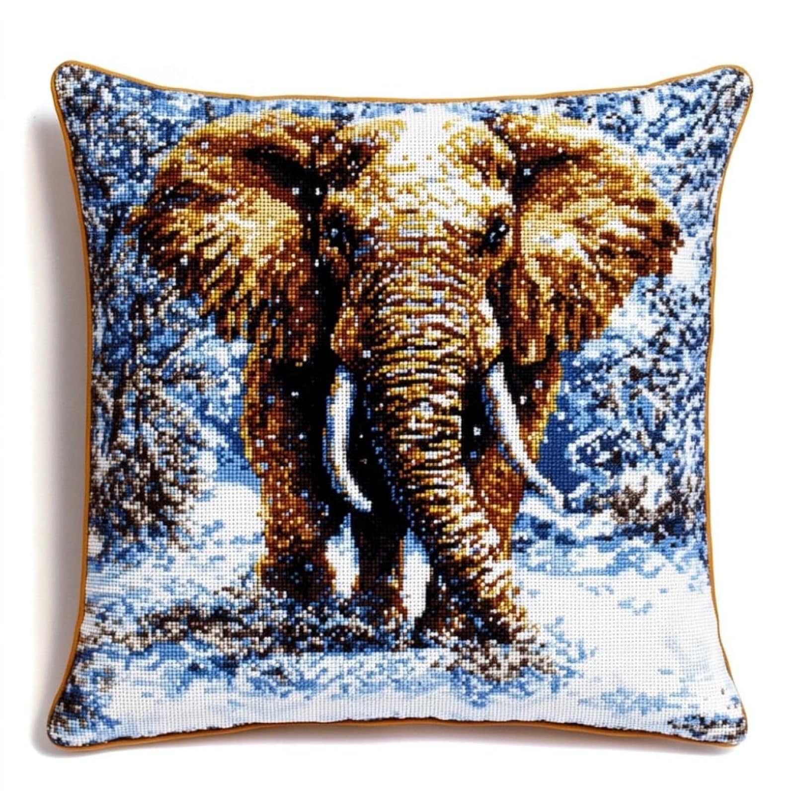 WallustrioaW Cross Stitch Embroidery Cushion Kits,Elephants in the Snow Stitched Pillow Cover Kit for Adults Beginners 11ct Needlework Set Decoration 18x18in