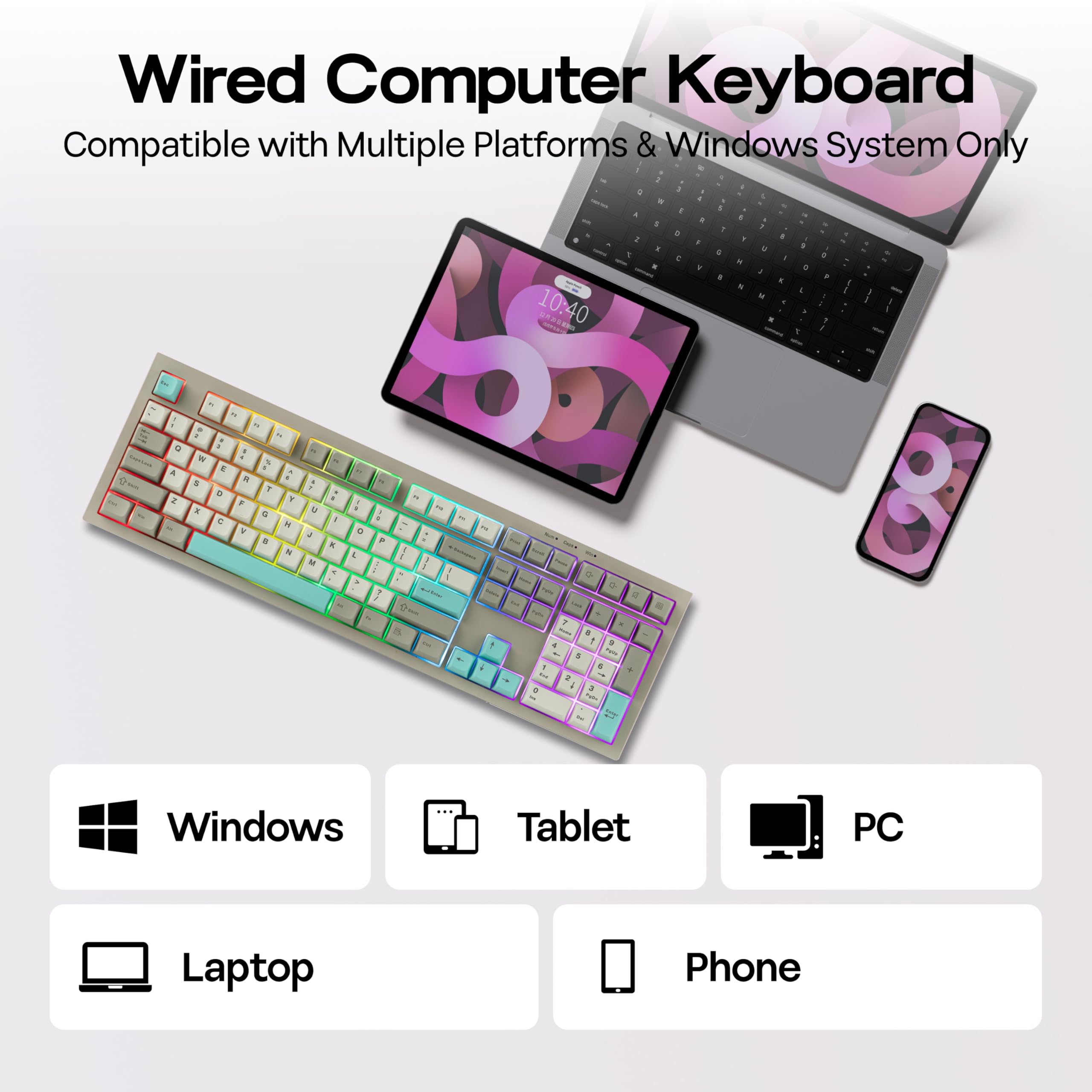 MechLands Aula S102 - Tastiera da gioco a membrana con tastierino numerico, layout full size al 100%, cavo USB-C, retroilluminazione RGB, struttura in silicone cremoso, tastiera silenziosa per PC game