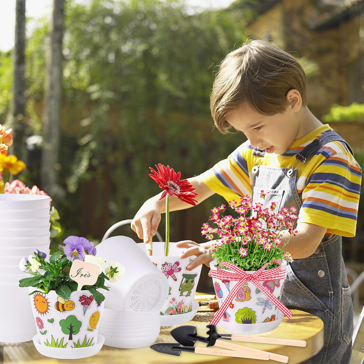 30 Pack Garden Plastic Pot Craft Kit DIY Flower Plant Crafts Nursery Pots with Stickers Flower Planting Growing Kit for Spring Summer Home Classroom School Creative DIY Art Project Activities