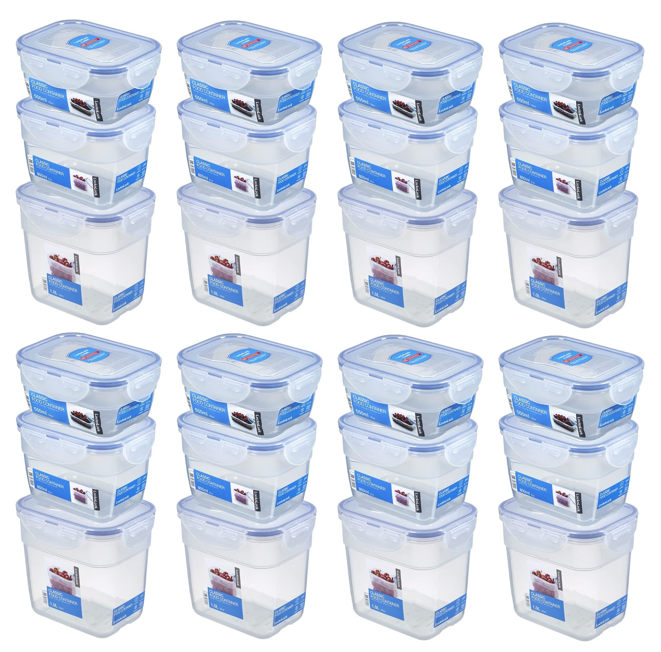 Lock & Lock zestaw pojemników na żywność 24-częściowy zestaw takich samych pokrywek (8 x 550 ml, 8 x 800 ml, 8 x 1 l), możliwość układania w stos, puste pudełko do przechowywania i wielofunkcyjne SeleXions szpatułki do drewna oliwkowego