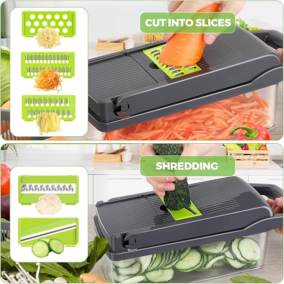 Vegetable Chopper,15-in-1 Multifunctional veggie chopper,Slicer, Dicer & Cutter for Kitchen–Food Processor with Container for Onion, Tomato,Potato, Fruits–Easy Clean & Storage (7 Blade)
