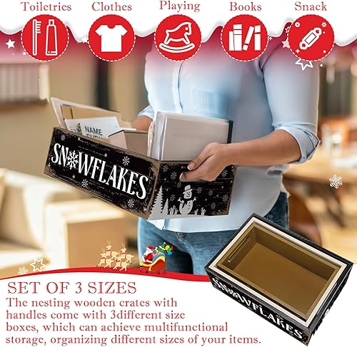 Miniatura 6 de 3 cajas de madera de Navidad vintage, caja de almacenamiento rústica de Navidad, decoración de mesa de invierno, cubos de almacenamiento de madera