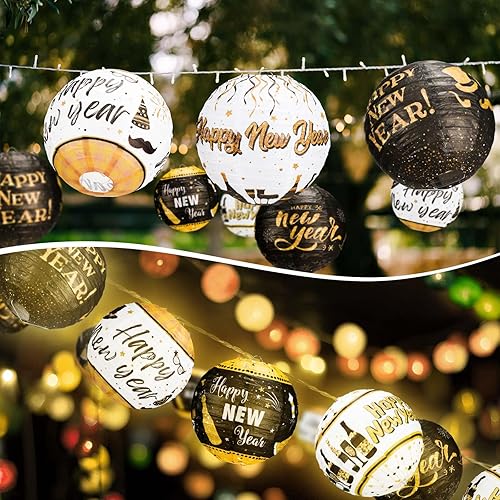 Miniatura 3 de Panelee 12 linternas de papel de Año Nuevo 2025 para decoración de fiesta de Año Nuevo, 8 pulgadas, faroles redondos colgantes negros y dorados,