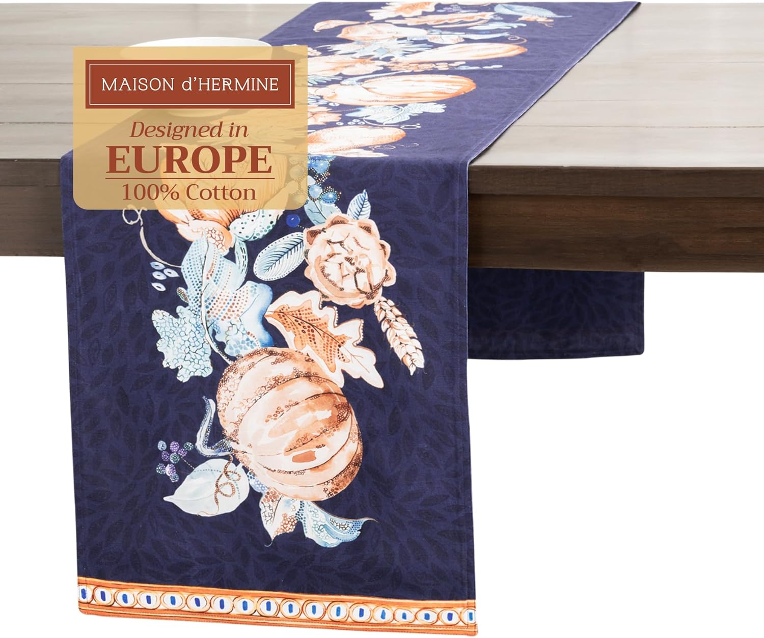 Maison d'Hermine Table Runner 100% Cotton Double Layer Table Runners 108 inches Long Decorative for Home Kitchen Dining Party Baby Shower Wedding Bridal Shower (Pumpkin Blues, 14.50" x 108")