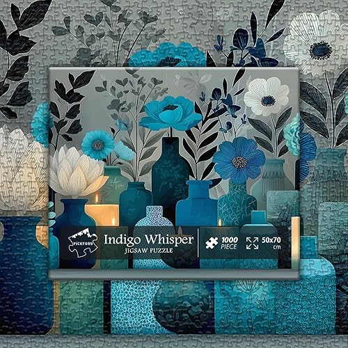 Miniatura 8 de PICKFORU - Rompecabezas de flores azules para adultos de 1000 piezas, rompecabezas de susurro índigo elegante, rompecabezas de jarrón floral de