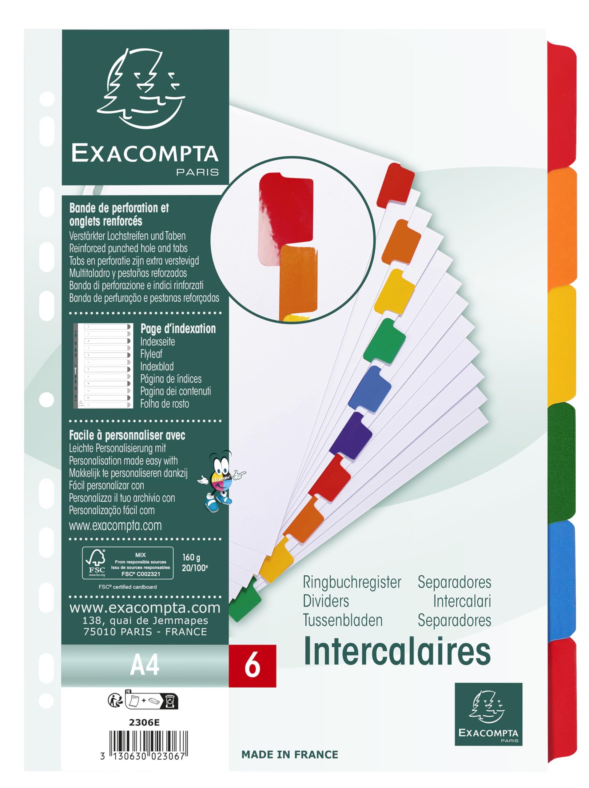 Exacompta - Ref 2306E - Box of 20 Indexes in White Card 160 g/m2 FSC® with 6 Colour Neutral tabs - Reinforced and Laminated - Printable Index Page - A4 File Format