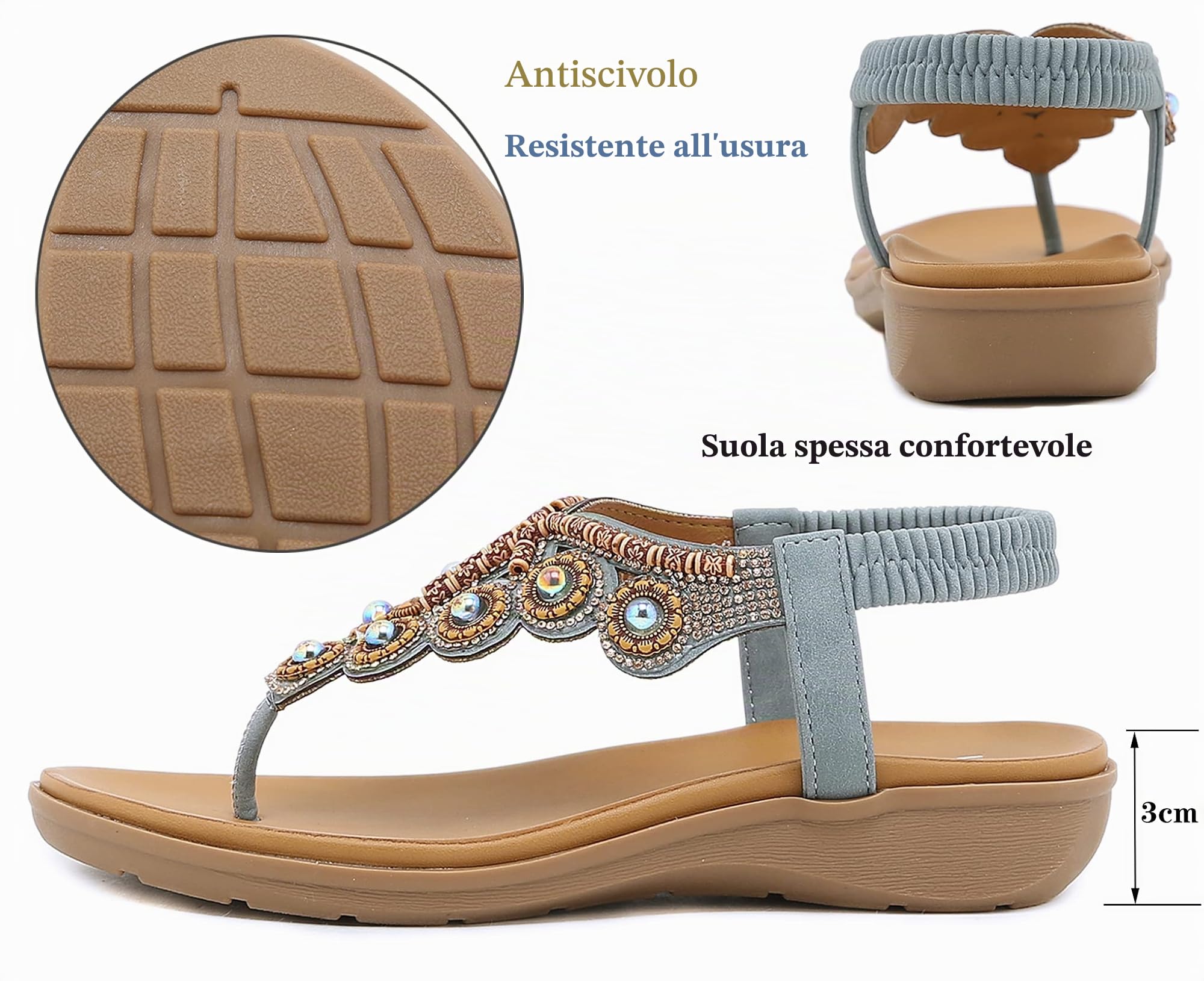 SMajong Sandali Bohemia Donna Estive Piatto Comode Infradito Strass Gioiello Moda Scarpe da Spiaggia con Elastiche Cinghia