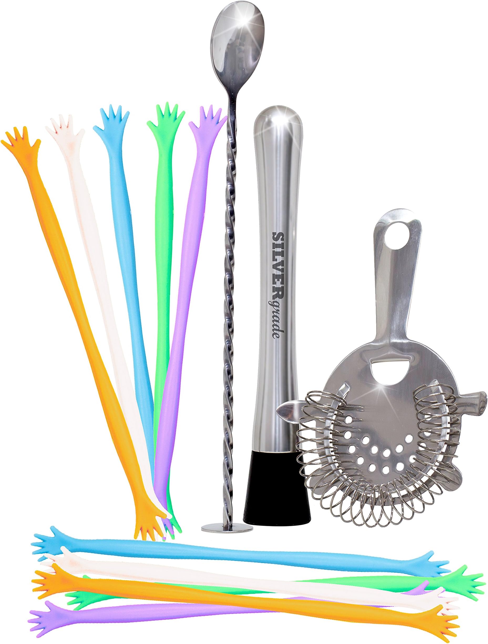 Bar Accessories Set By SILVERgrade, Professional Cocktail Muddler, Mixing Spoon, Strainer, 10 Drink Stirrers, Premium Bar Tools, Stainless Steel 304 18/8