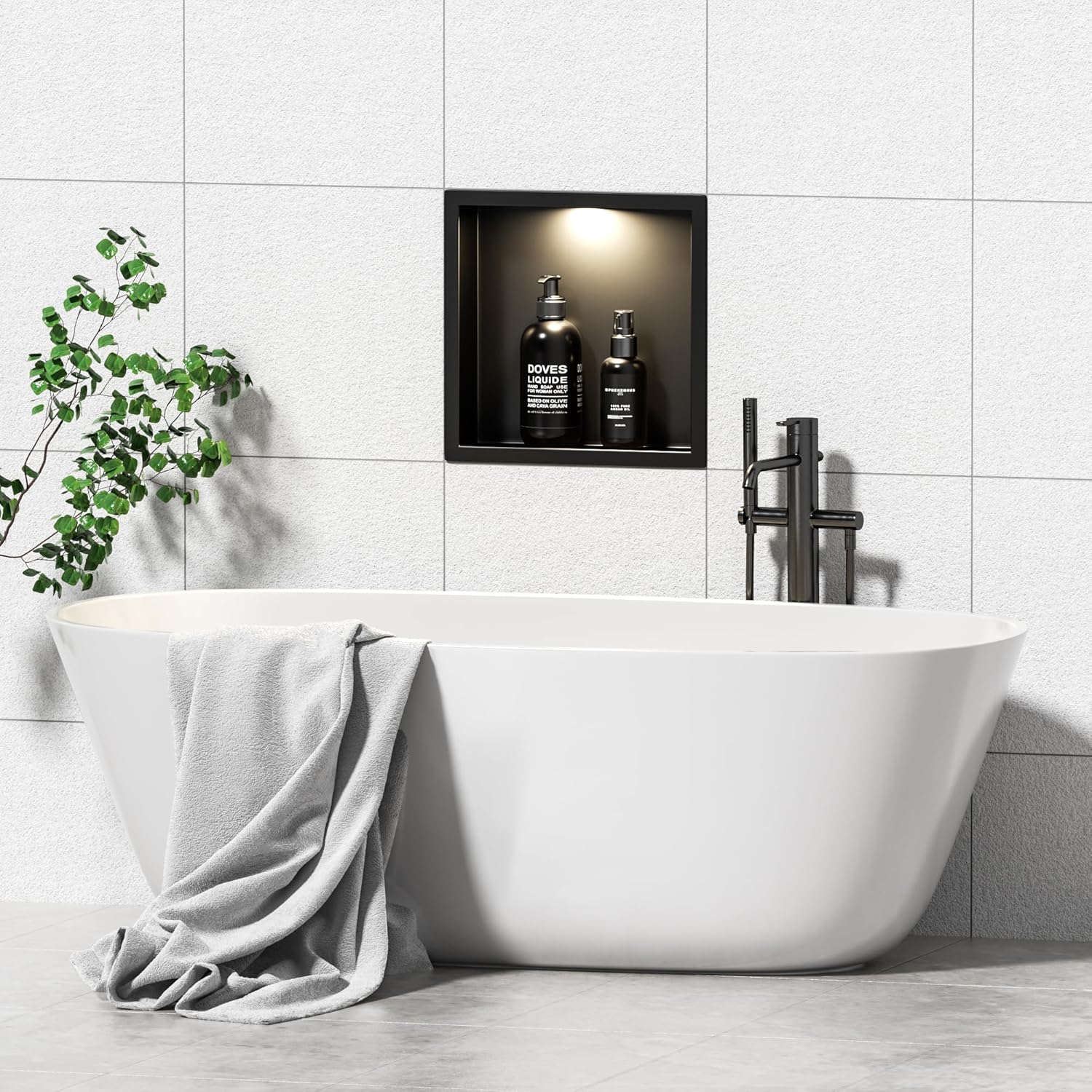 Stainless Steel Shower Niche 12" X 12", No Tile Needed Wall Niche with Non-Dimmable Led Downlight, Recessed Shower Shelf for Bathroom Storage, Over Mount Installation, Matte Black