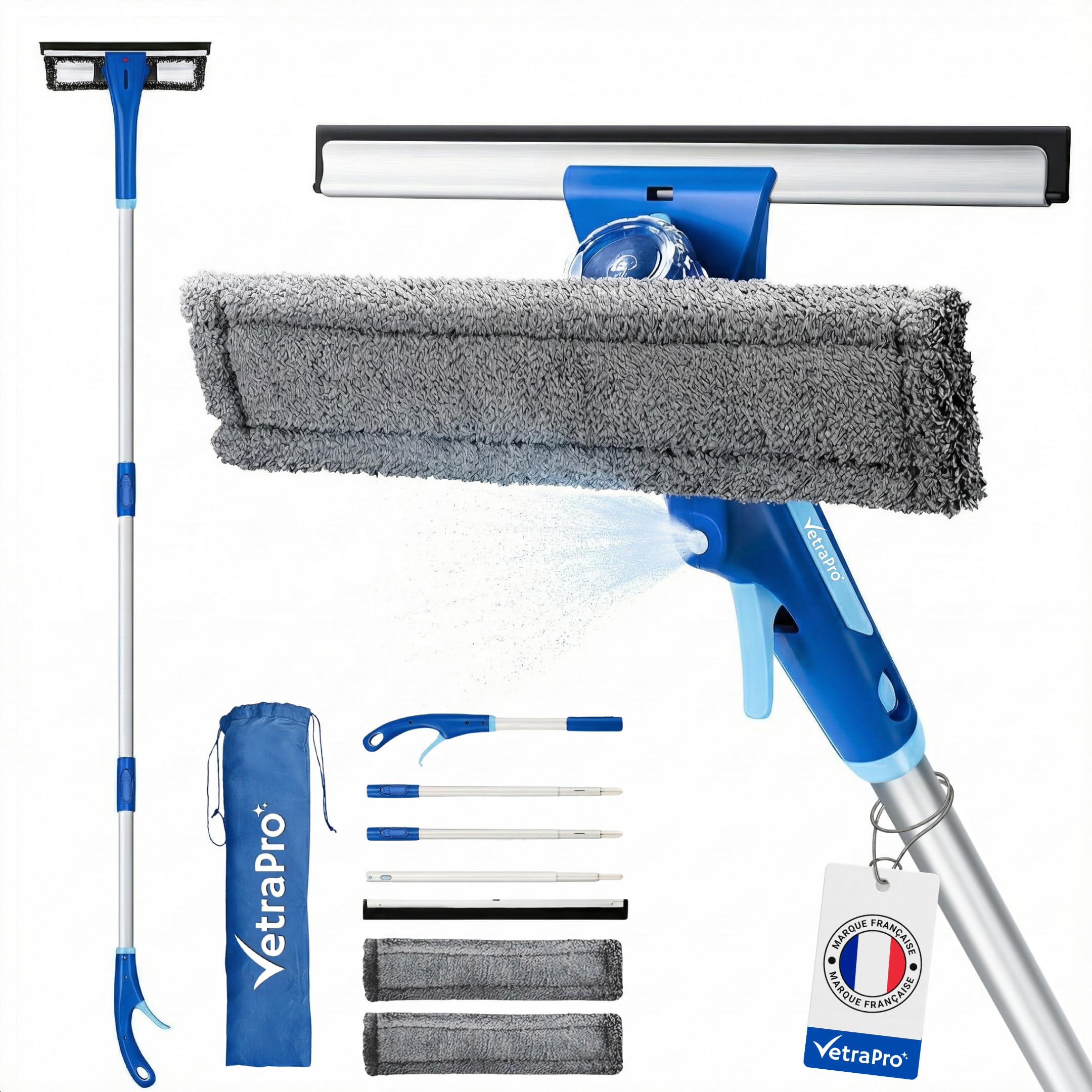 Raclette Vitre Professionnelle – Lave Vitre 4 en 1 avec Manche Télescopique 25 à 225 cm et Pulvérisateur pour Nettoyant Vitre – Nettoyeur Vitre pour Un Nettoyage Impeccable - Kit Polyvalent