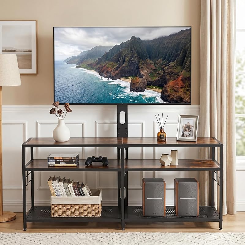 VECELO 55" TV Stand with Mount, Universal Swivel TV Console for 32-75 inch TVs, Entertainment Center with Storage Shelves, for Living Room, Bedroom, Antique Brown image 3
