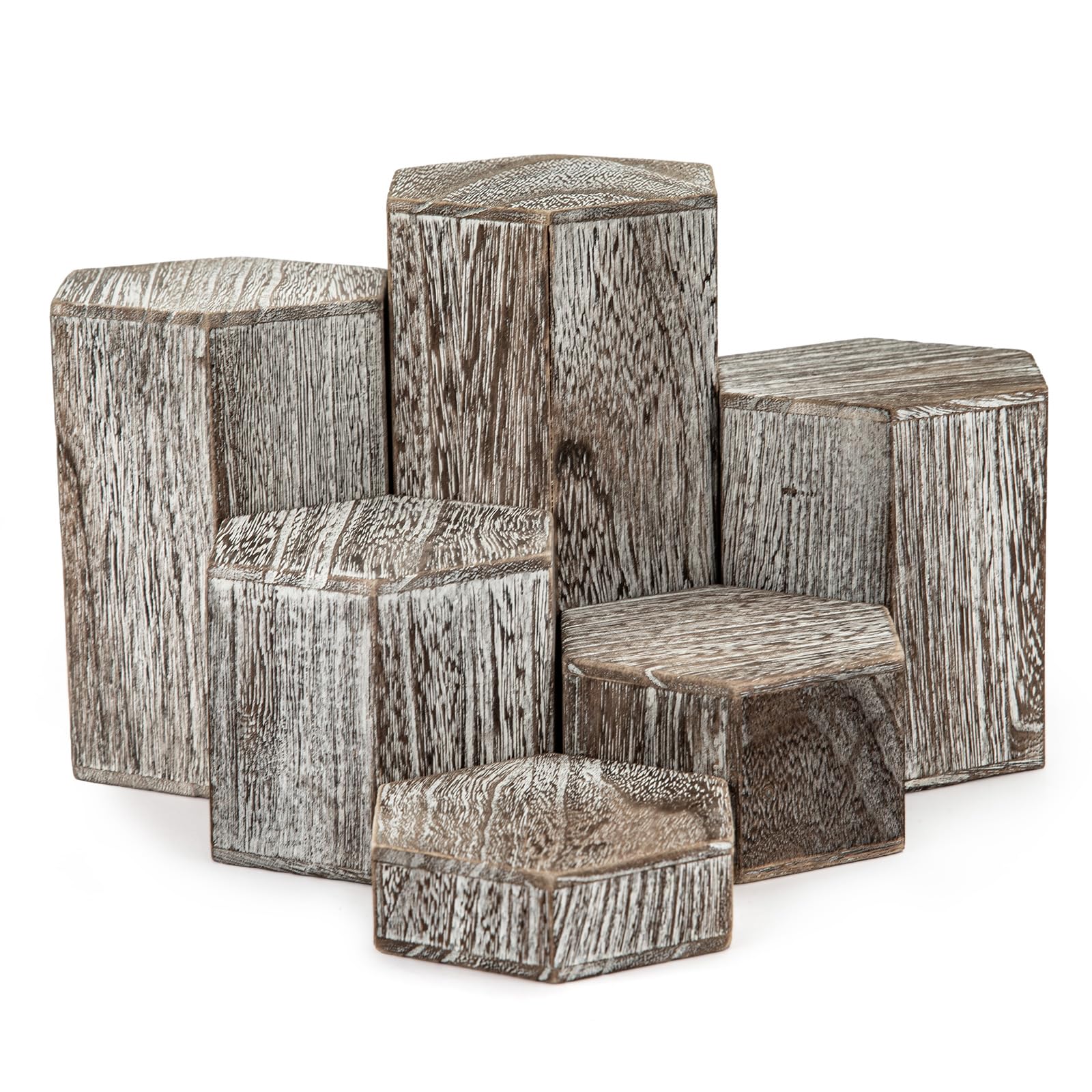 Greenwhim Brown 6 Pack Wooden Hexagon Display Risers Vintage – Tiered Wood Stands For Shelves And Countertops – Display Plinths For Jewellery Retail Crafts Cupcakes Desserts