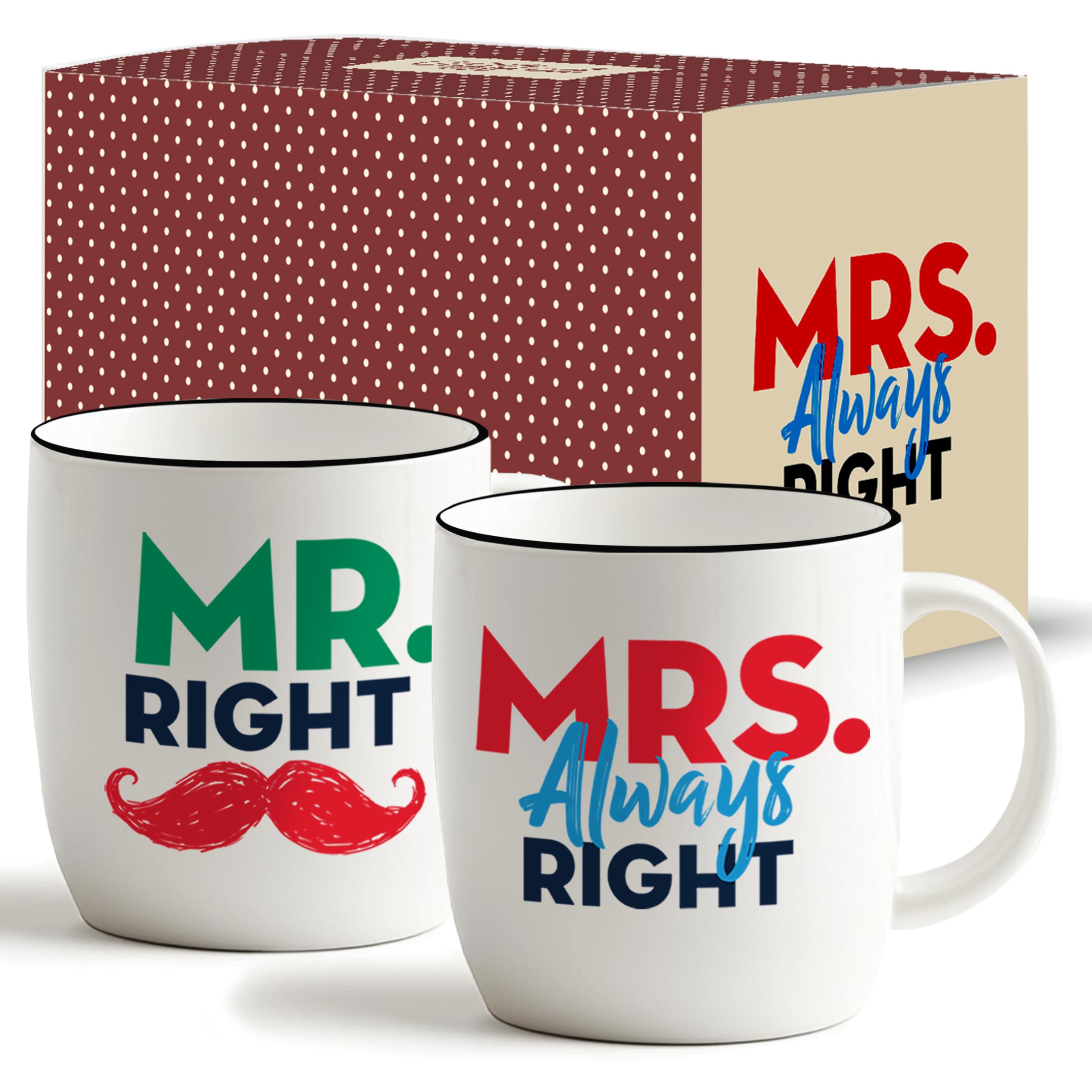 Triple Gifffted Mr Right Mrs Always Right Coffee Mugs Gifts Ideas for Couples, Wedding Anniversary, Engagement, Christmas, His & Hers, Bride and Groom, Parents, Newlyweds Bridal Shower, Ceramic 380ml