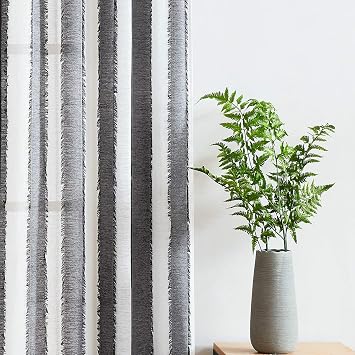 Fragrantex Black and White Kitchen Curtains 36 inch Length Sheer Farmhouse Striped Short Cafe Curtains Tiers for Bathroom Boho Tassels Half Window Curtains 38 Wx36 L 2 Panels,Rod Pocket