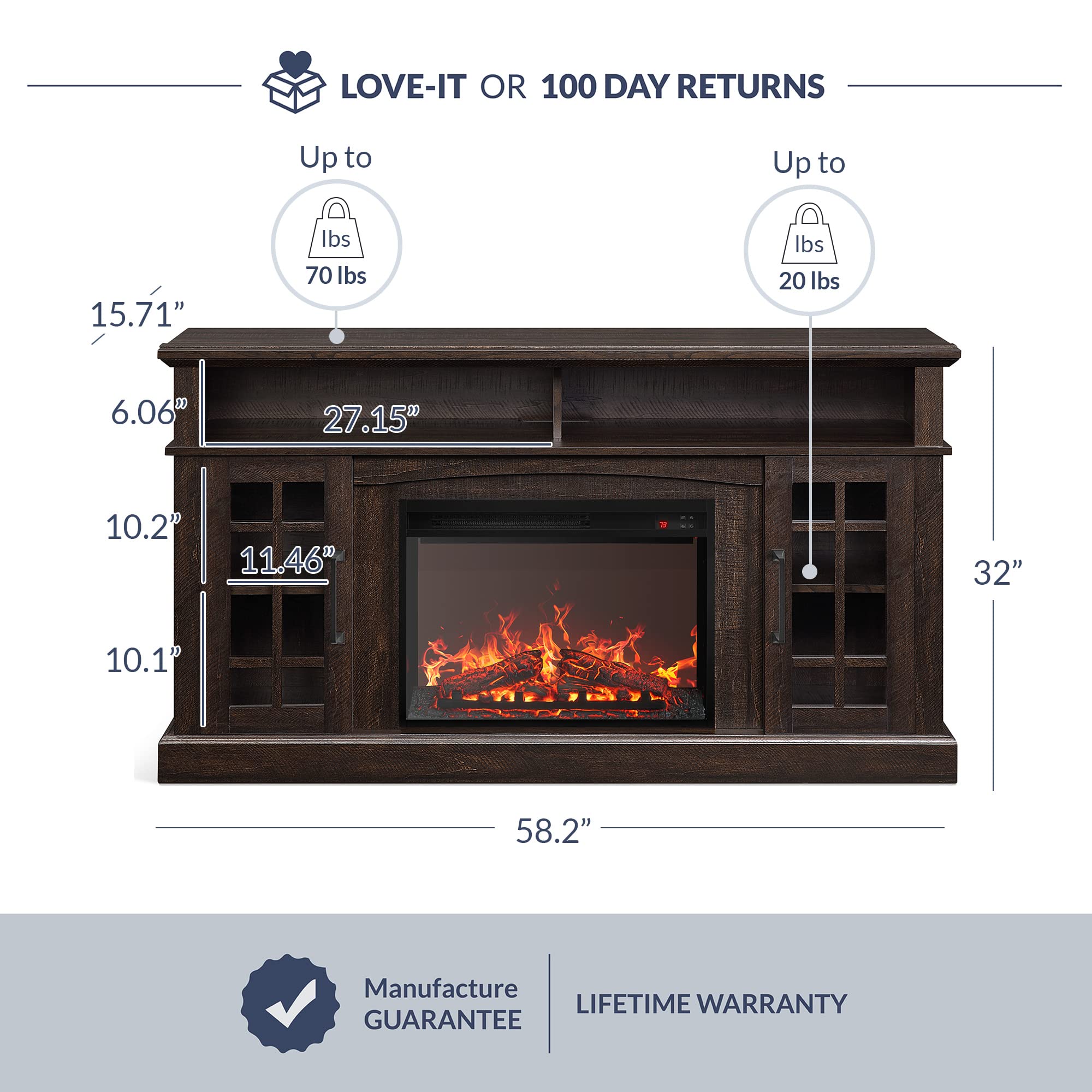 BELLEZE Traditional 58 Inch Rustic Electric Fireplace TV Stand & Media Entertainment Center