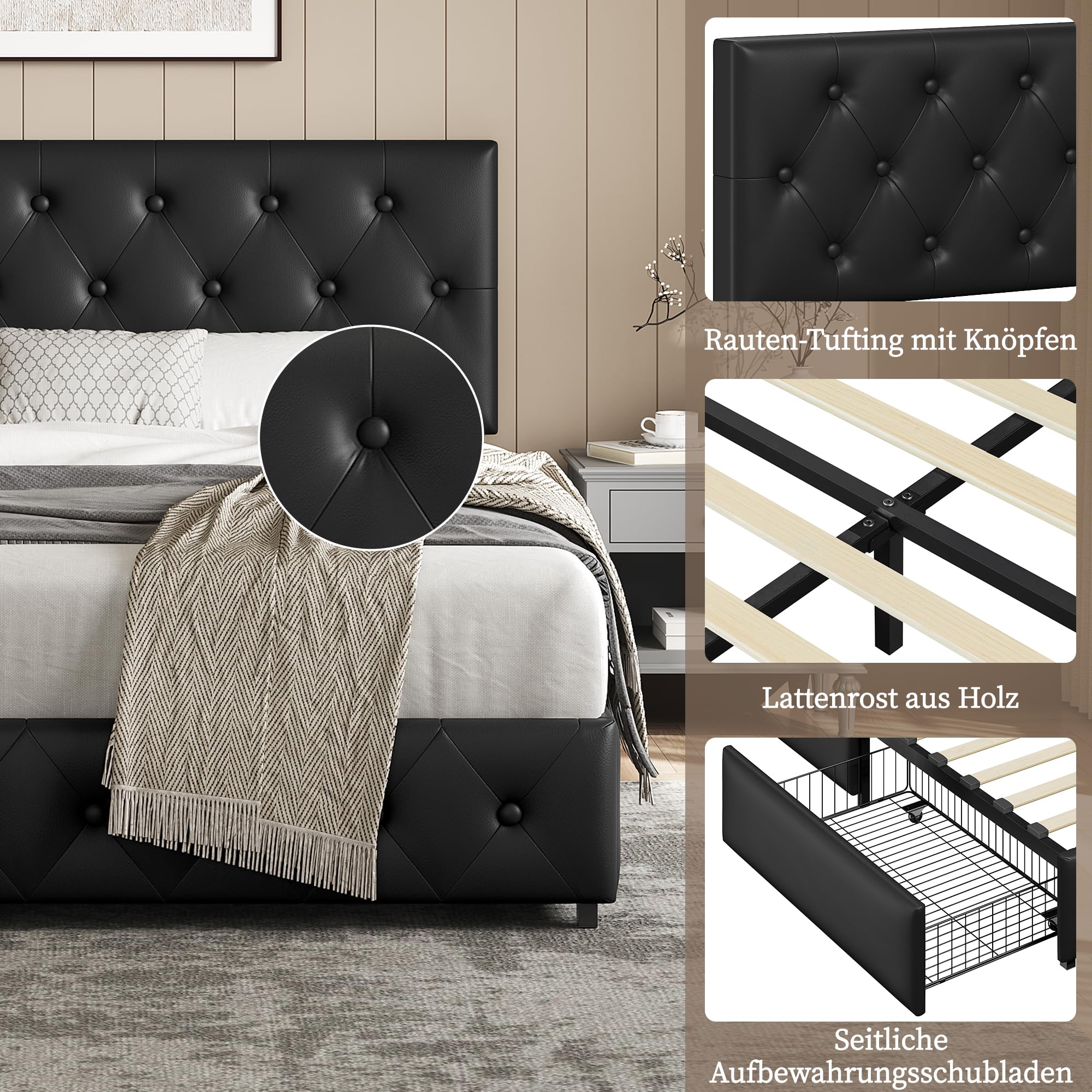 Yaheetech Polsterbett 140 x 200 cm Doppelbett Bettrahmen mit 2 Schubladen | Höhenverstellbares Kopfteil Jugendbett Gepolstertes Bett mit Lattenrost viel Stauraum, Schwarz