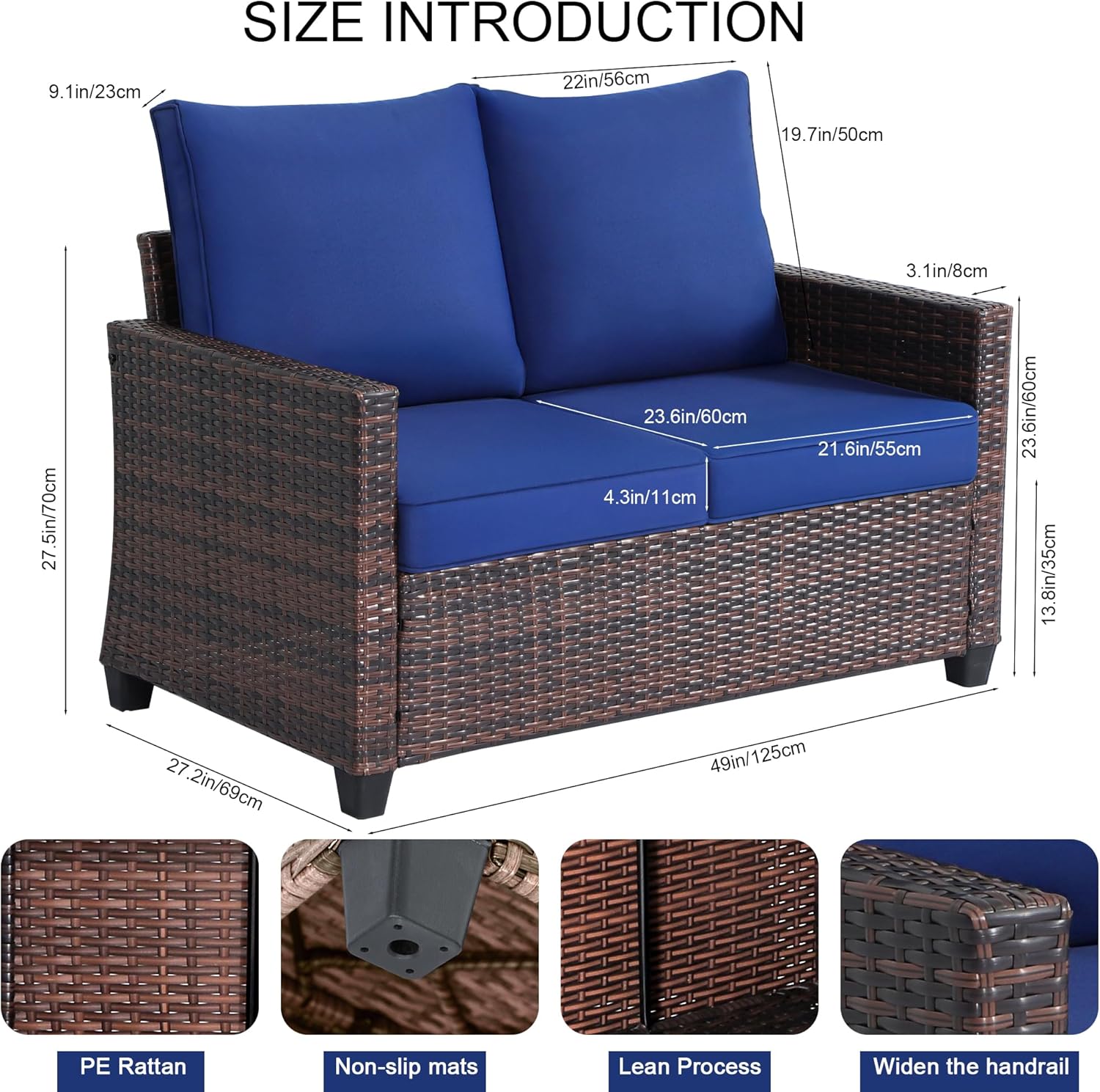 Outdoor Loveseat,All-Weather Patio Deep Seat 2-Seater Rattan Sofa with Water Resistant Cushions for Balcony,Backyard,Porch & Poolside - Blue