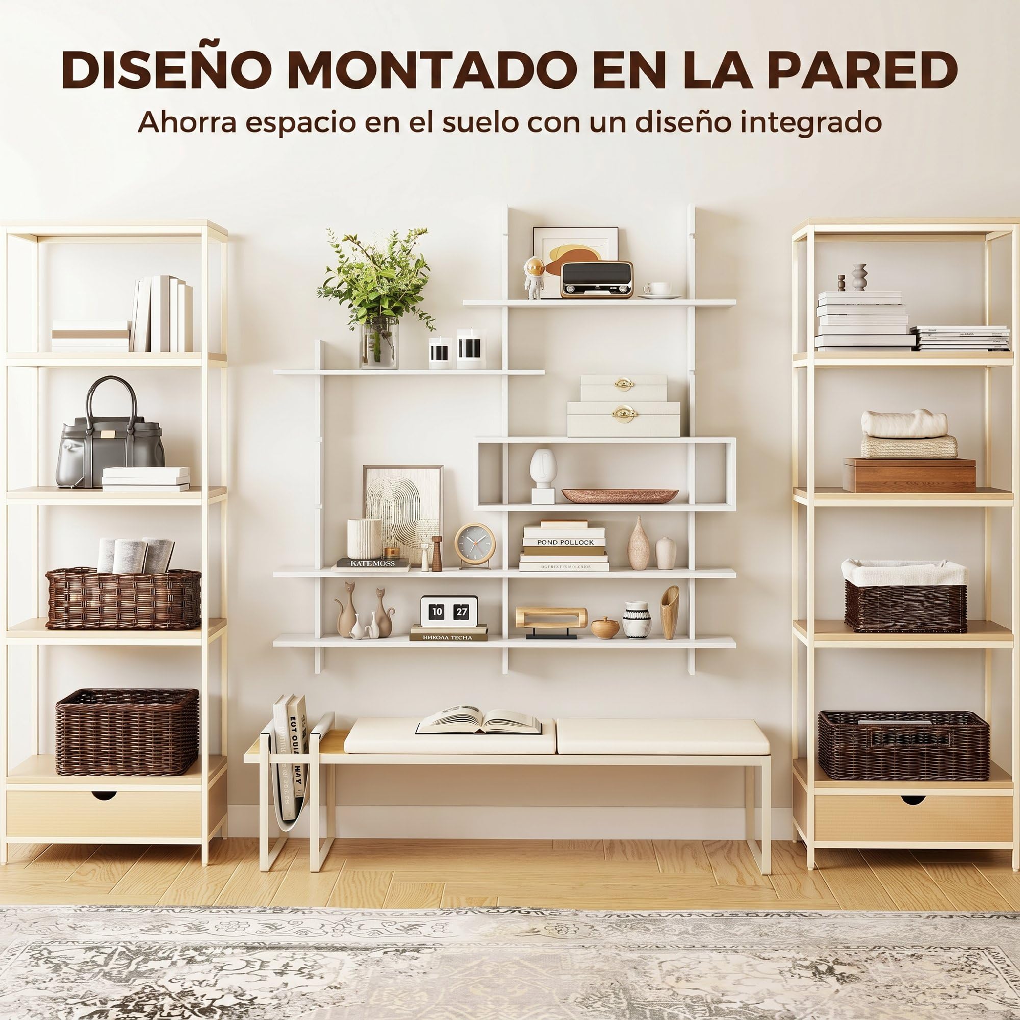 HOMCOM Estantería de Pared, Librería Geométrica con 4 Estantes, Blanco | Compartimento Central Rectangular, Estantes Decorativos, para Salón o Dormitorio